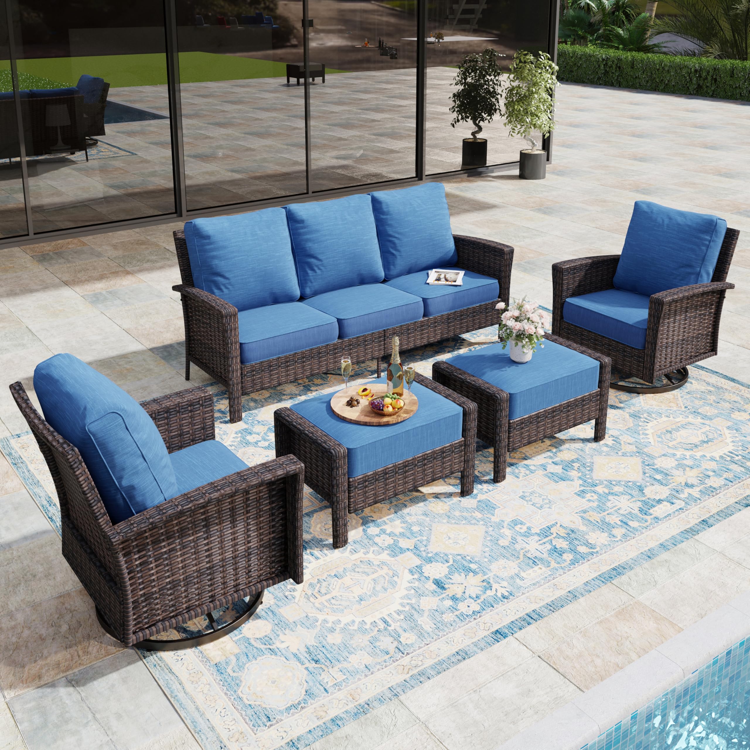 MIXPATIO 5-Piece Wicker Patio Furniture Set with Swivel Chairs, High Back Outdoor Furniture with 5.5-inch Thick Cushion and Ottoman, All-Weather