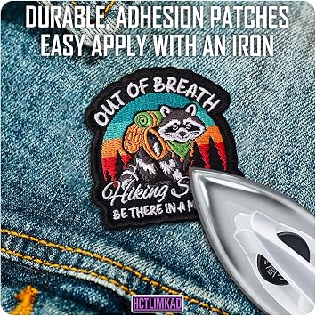 Out of Breath Hiking Society Be There in The Minute Patch Raccoon Hiker Nature Lover Sew-On/Iron-On Embroidered Patches DIY Applique for Backpacks, Army Vests, Gym Bags, Hats 3 Inches