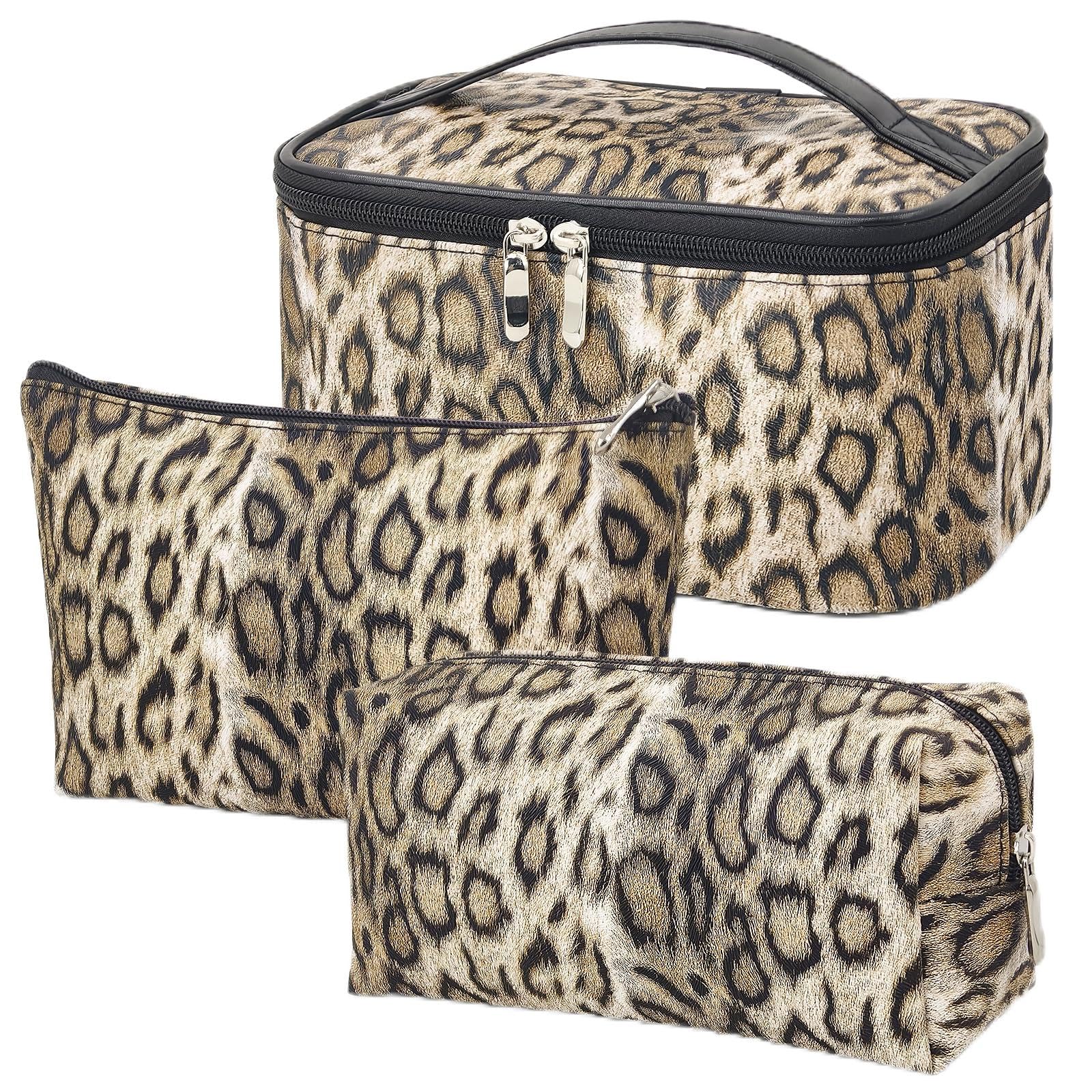 SHEPIN 3er Set Kosmetiktasche Leopard PU Make Up Tasche Leo Damen Schminktasche Reise Waschtasche Kosmetikbeutel Makeup Toiletry Bag Beautycase Kulturtasche für Frauen Teenager