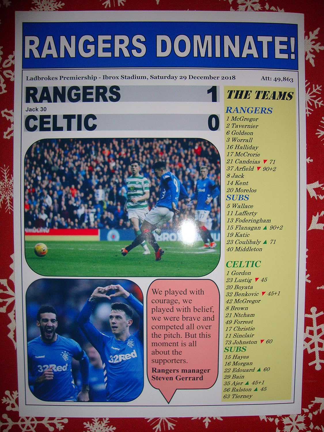 Rangers 1 Celtic 0-2018 Scottish Premiership - Souvenir Print
