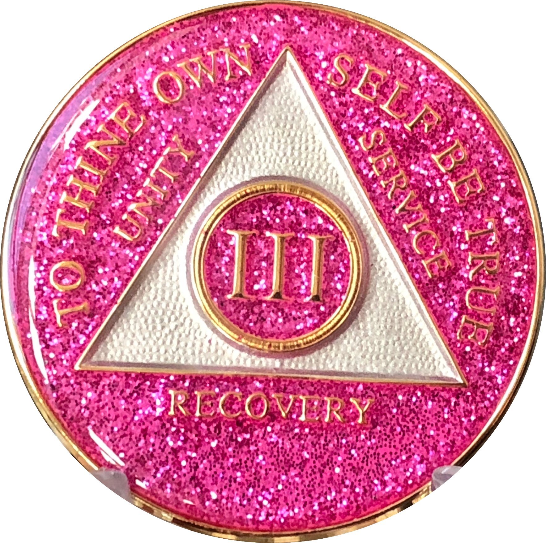 Recovery Mint 3 Year Pink Glitter Tri-Plate Alcoholics Anonymous Medallion- AA Sobriety Chip