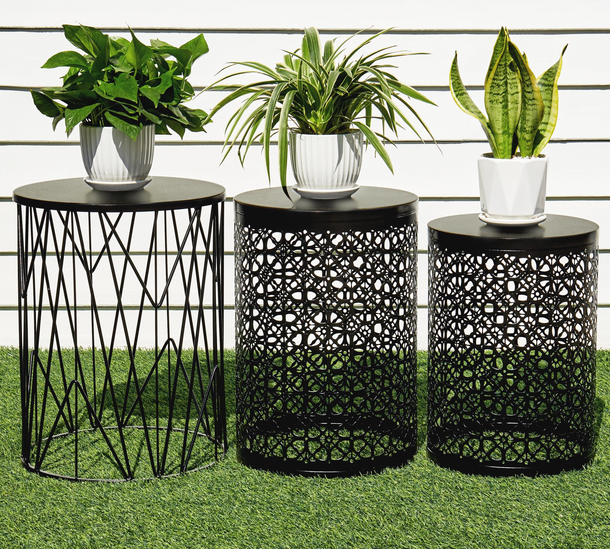 HFHOME Set of 3 Heavy-Duty Round End Table, Side Table, Coffee Table for Indoor Multifunctional Use, Outdoor Decorative Garden Stool Plant Stand-Black