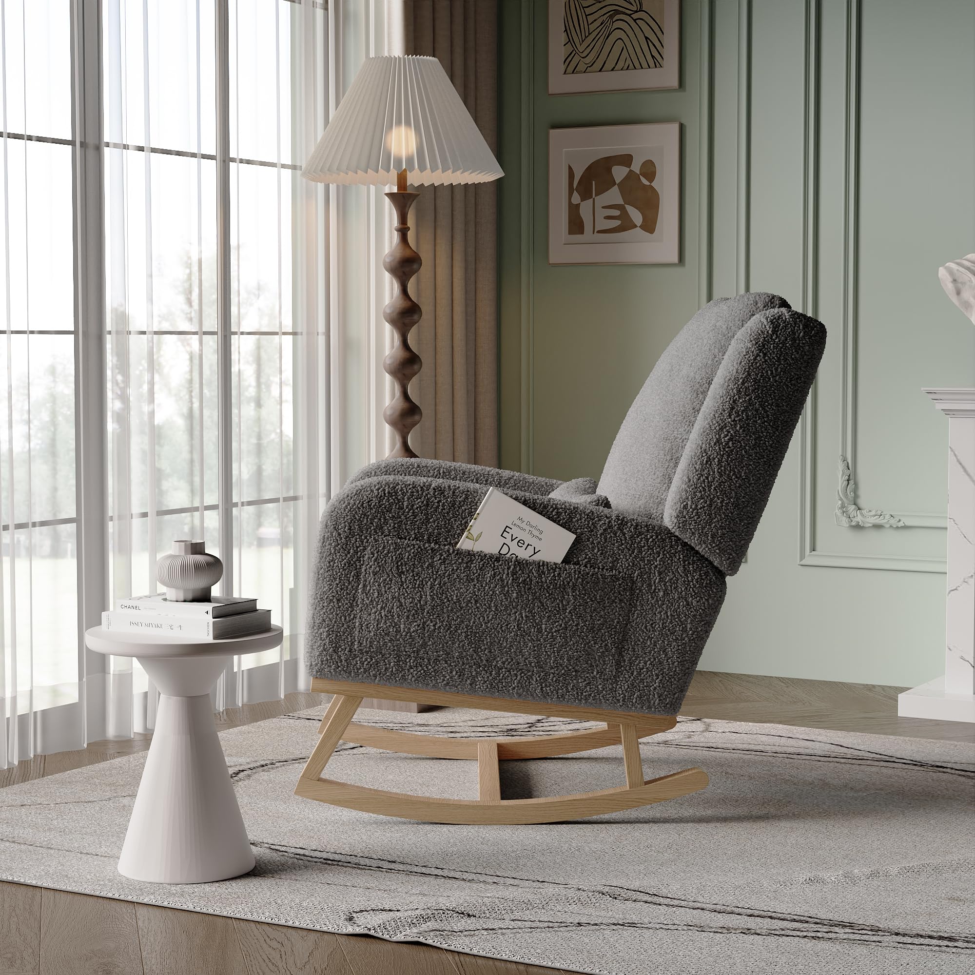 Fauteuil d'allaitement, Fauteuil a Bascule avec Dossier Haut, Coussin Lombaire et Poche Latérale, Chaise Allaitement Chambre Bebe Rocking Chair Bois Interieur pour Salon, Coucher, Tissu en Velours