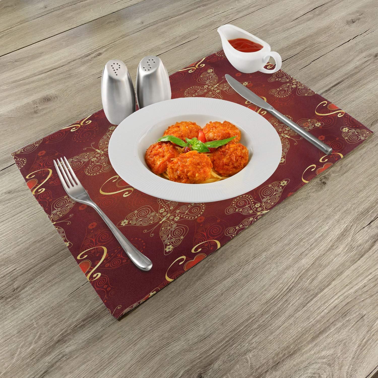 Lunarable Maroon Place Mats Set of 4, Valentines Day Romance Swirled Lines Ornate Lace Style Butterflies Hearts, Washable Fabric Placemats for Dining Table, Standard Size, Yellow Vermilion