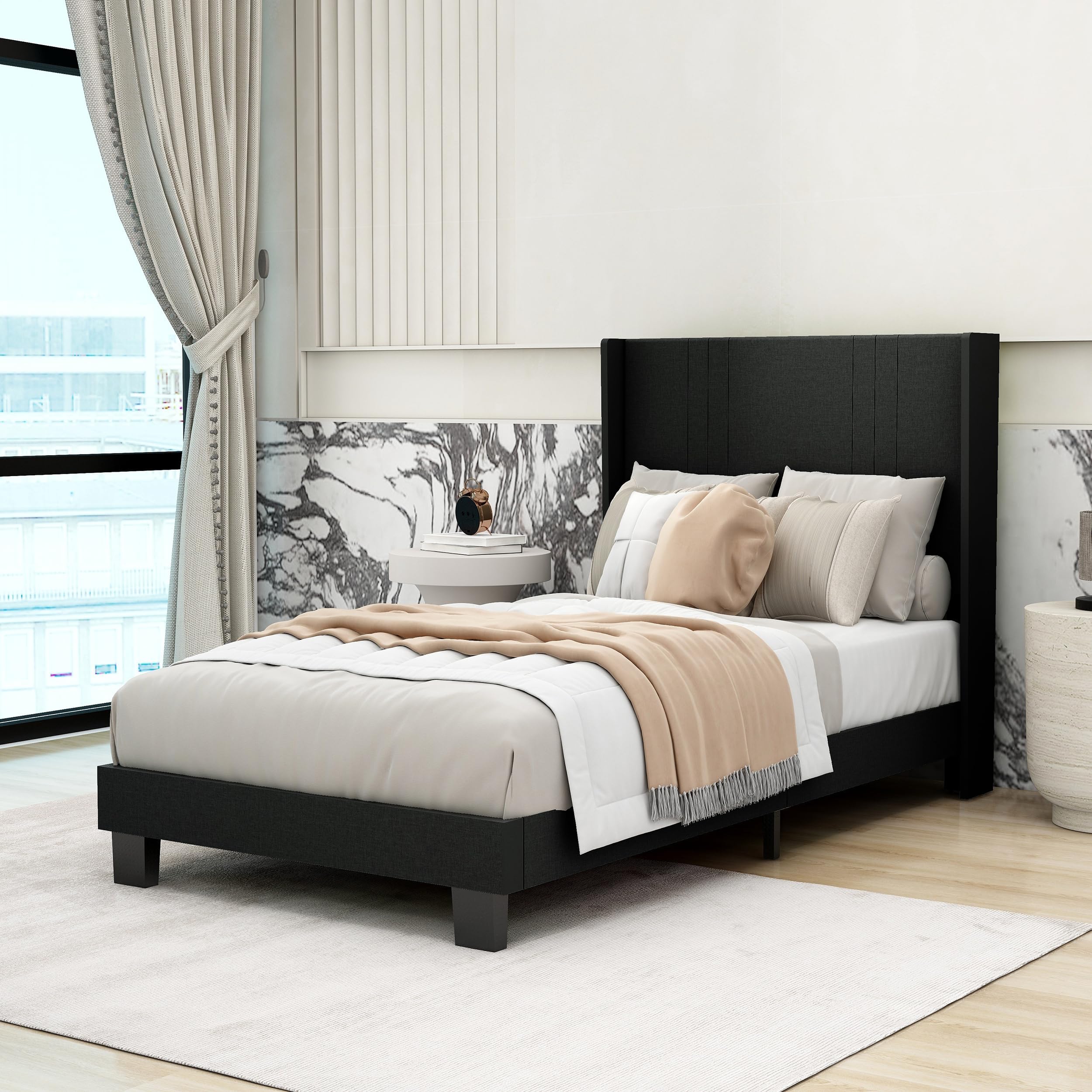 Tuconia Upholstered Platform Twin Bed Frame with Headboard Wooden Slats ...