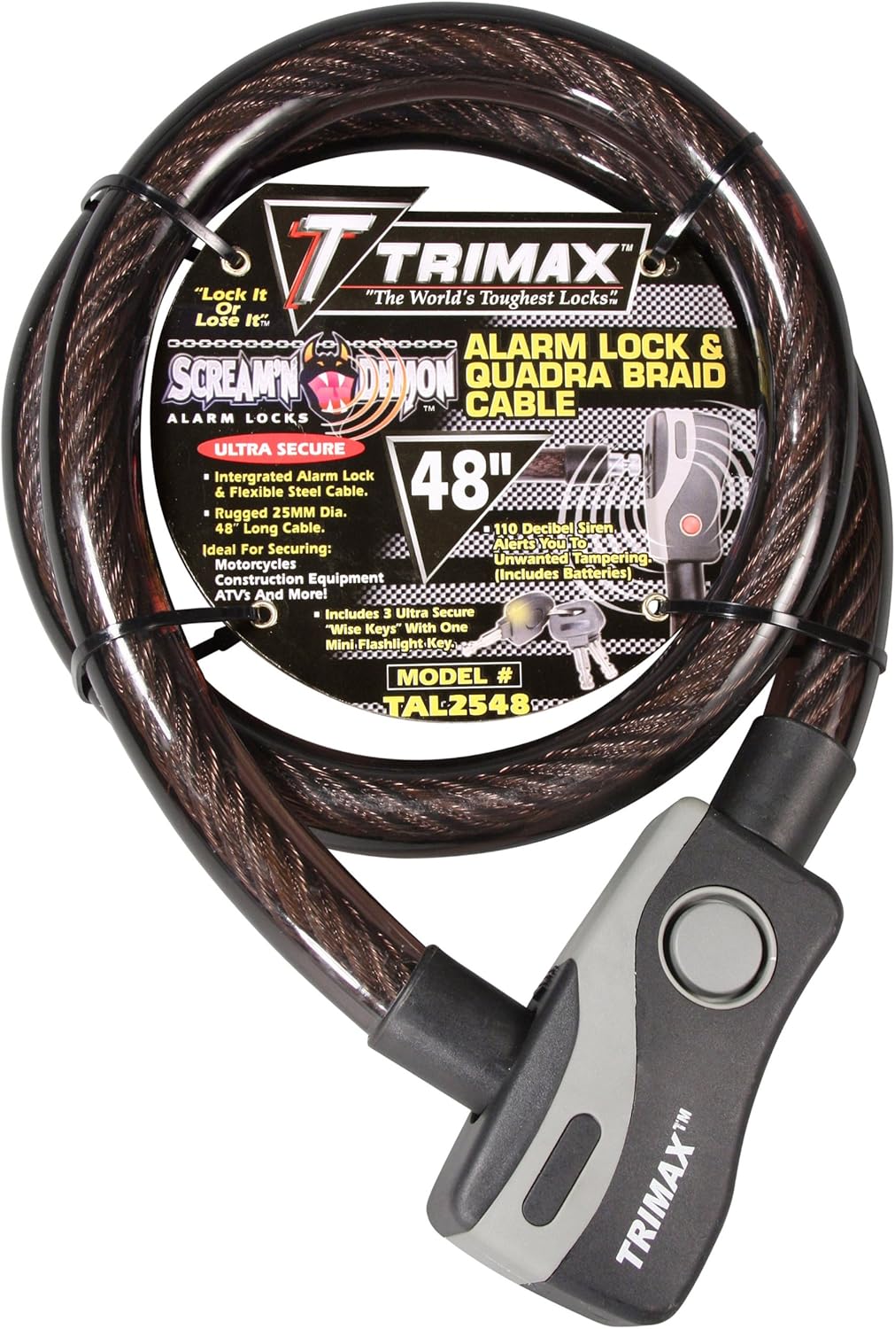 Trimax Alarmed Lock & Quadra-Braid Cable 4' L X 25Mm TAL2548, Card Packaging , Black