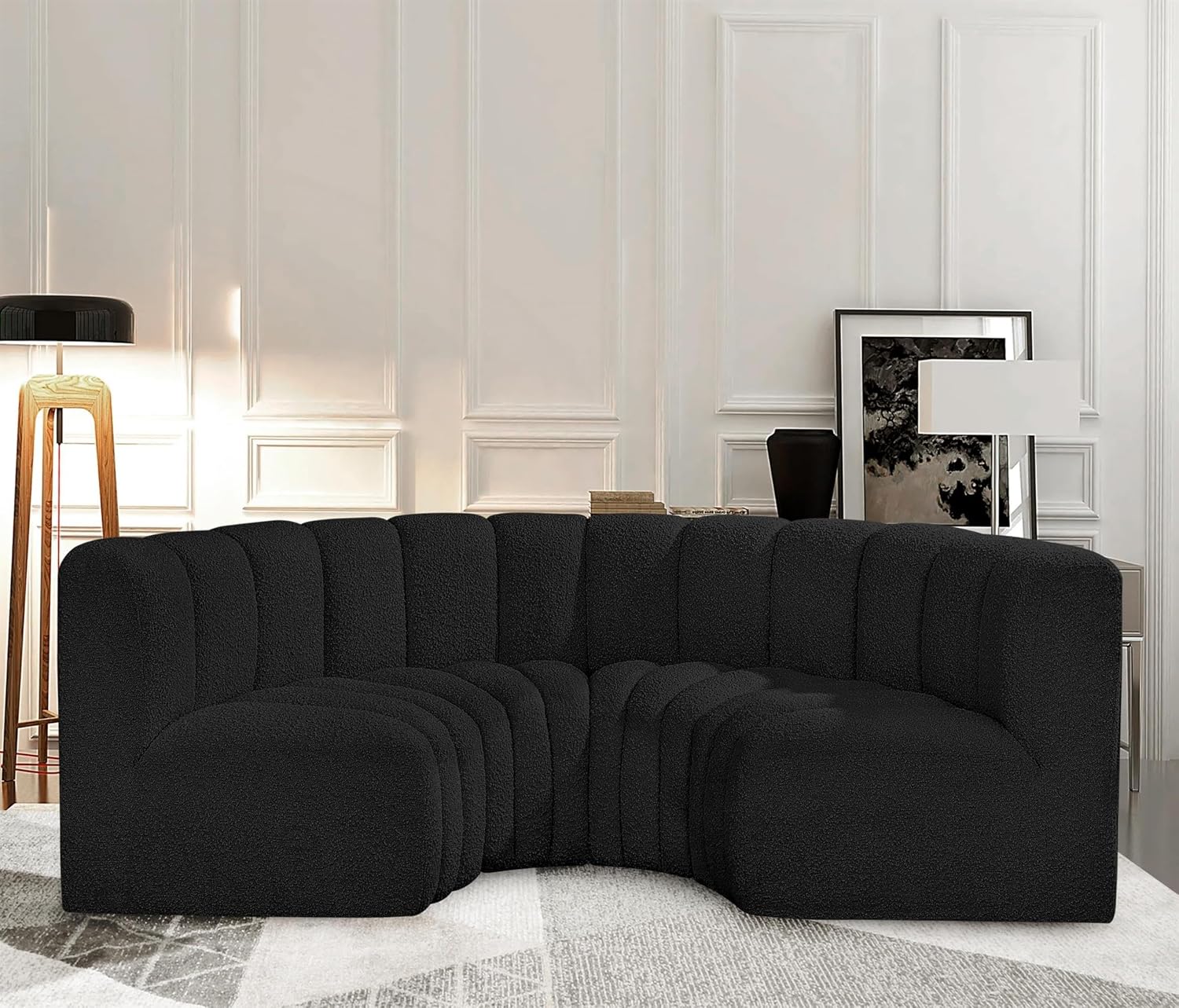 BOWERY HILL Modular Sectional Sofa, 88" W x 43" D x 30" H, Black Boucle Fabric, Deep Channel Tufting, Contemporary Design, Living Room or Den Seating, Easily Attach for Custom Configurations