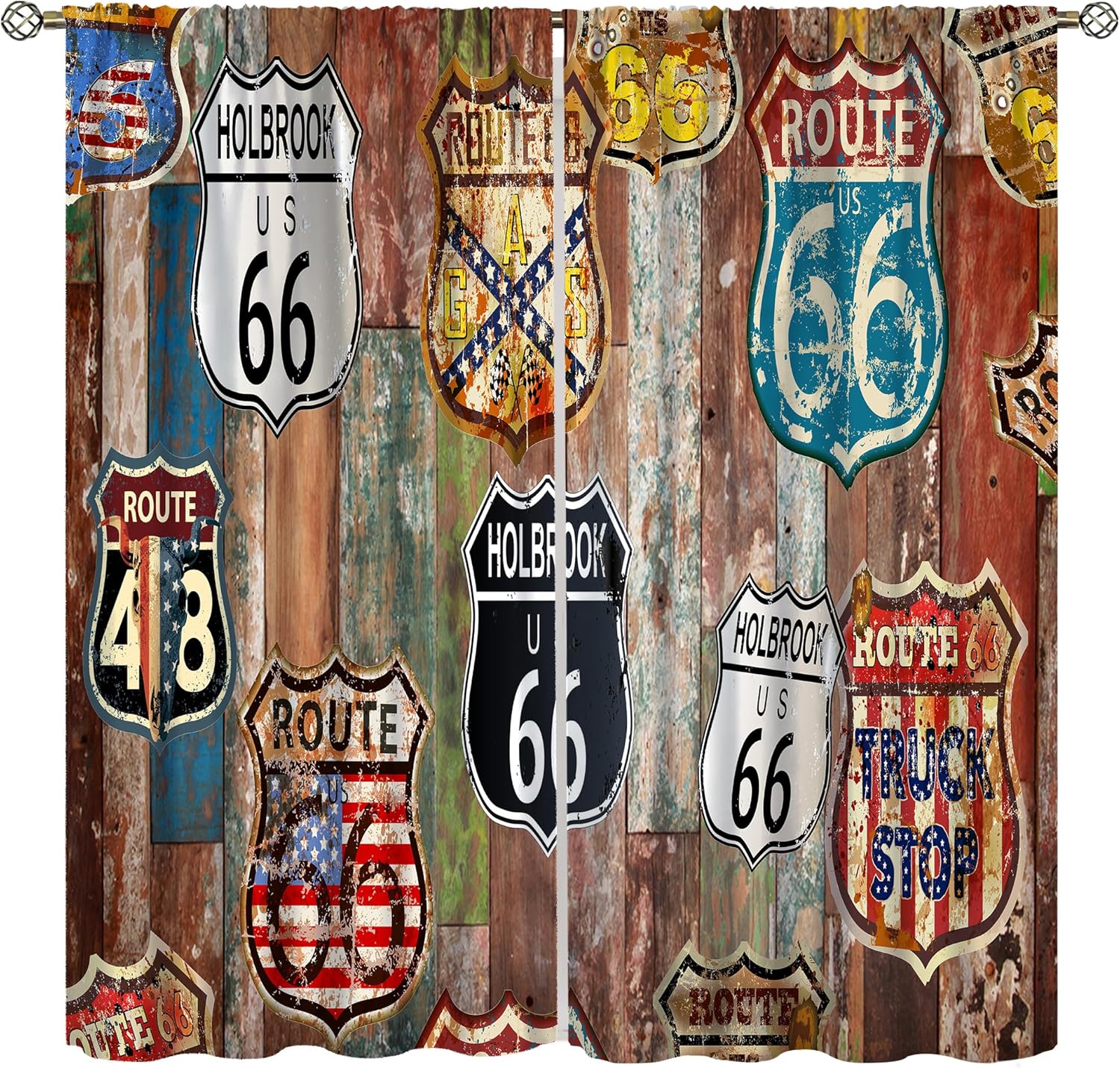 Vintage Route Blackout Curtains for Boys Man Room,Vintage Rustic Planks Retro American Highway Poster Fabric Window Treatments Print for Teenage Bedroom Living Room 42x45in