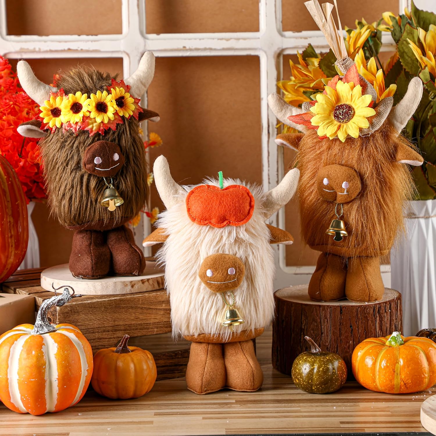 Colingmill 3 Pcs Thanksgiving Highland Cow Stuffed Animals 11 Inches Scottish Highland Cow Plush Cute Cattle Plush with Pumpkins Sunflowers and Bells for Birthday Party Gift Fall Harvest Home Decor