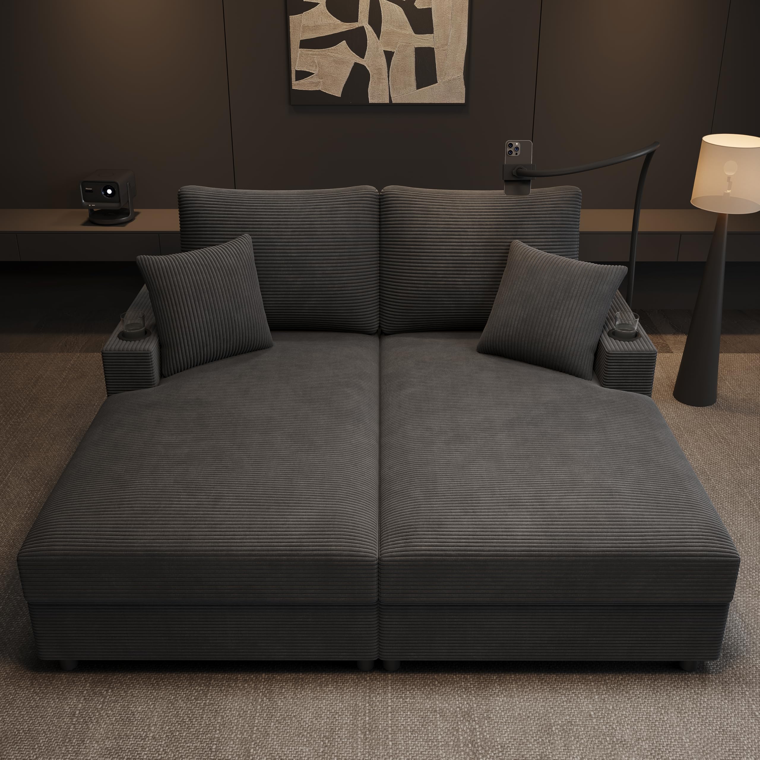 Canapé-lit double avec fonction couchage rembourré, support pour téléphone portable, port USB et porte-gobelet, convient pour le salon, la chambre à coucher (gris)