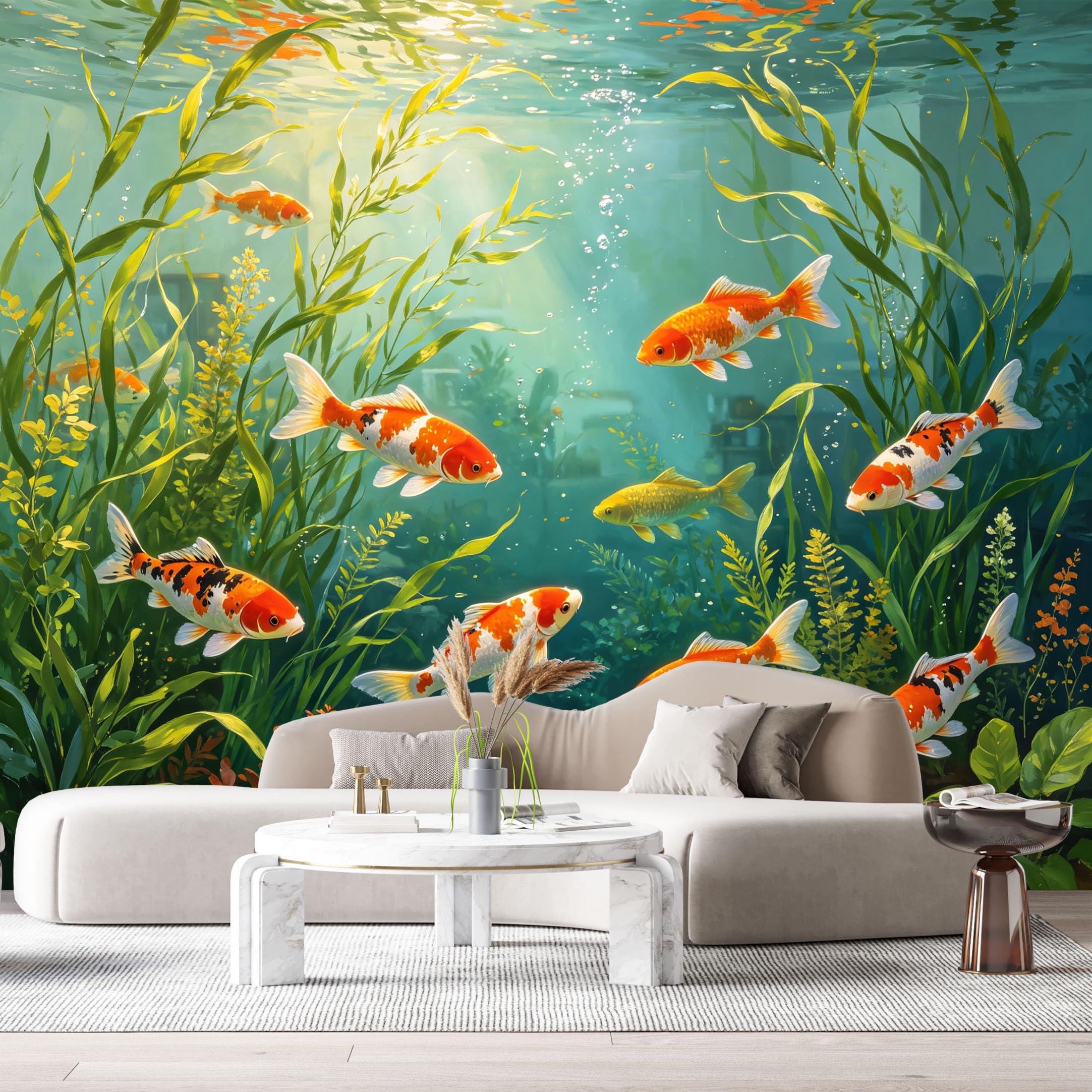 Custom Size Wall Murals Koi Fish Underwater Ocean Marine Watercolor SelfAdhesiveWall Fabric Removable Wallpaper Wall Decor for Living Room Bedroom Bathroom