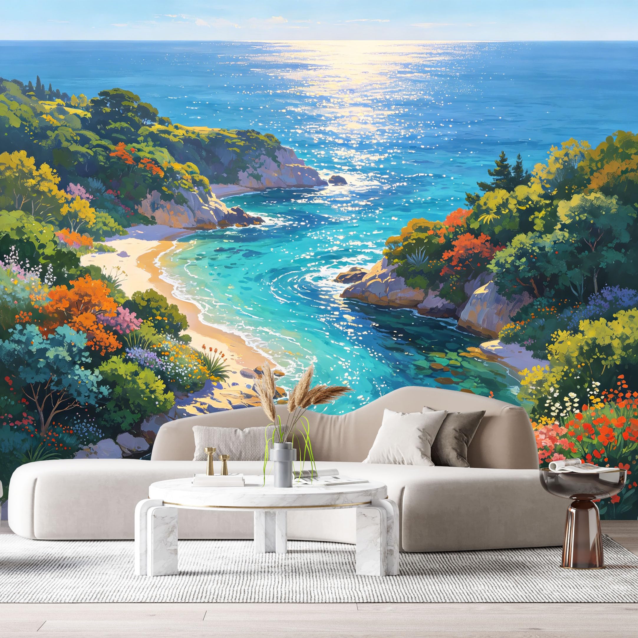 Custom Size Wall Murals Coastal Landscape Tropical Ocean Watercolor Sunlit Seashore Floral SelfAdhesive Wall Fabric Removable Large Wallpaper for Photo Living Room