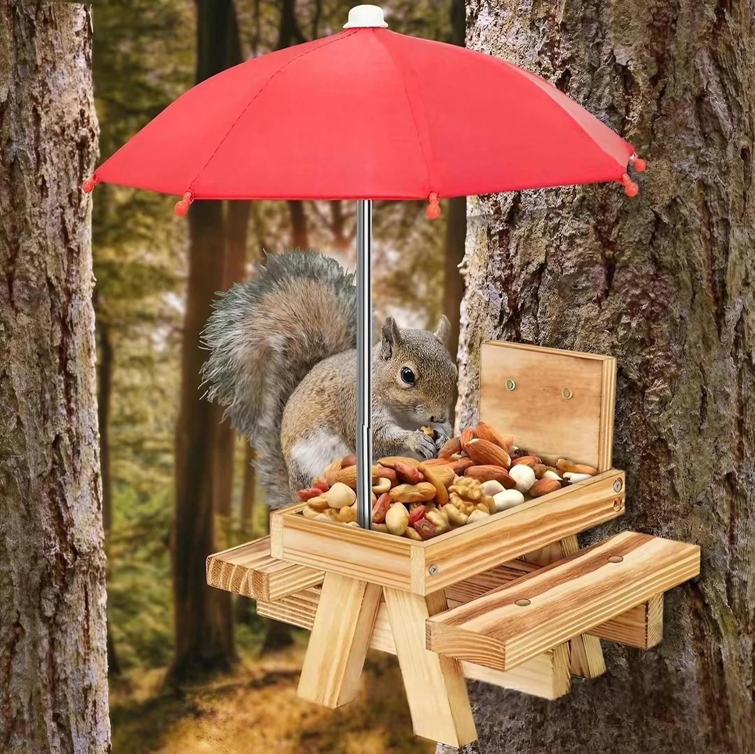 Squirrel Feeder Wooden Table with Umbrella Corn Cob Holder Funny Chipmunk Sugar Possum Feeders for Outside Picnic Waterproof (Carbonized)