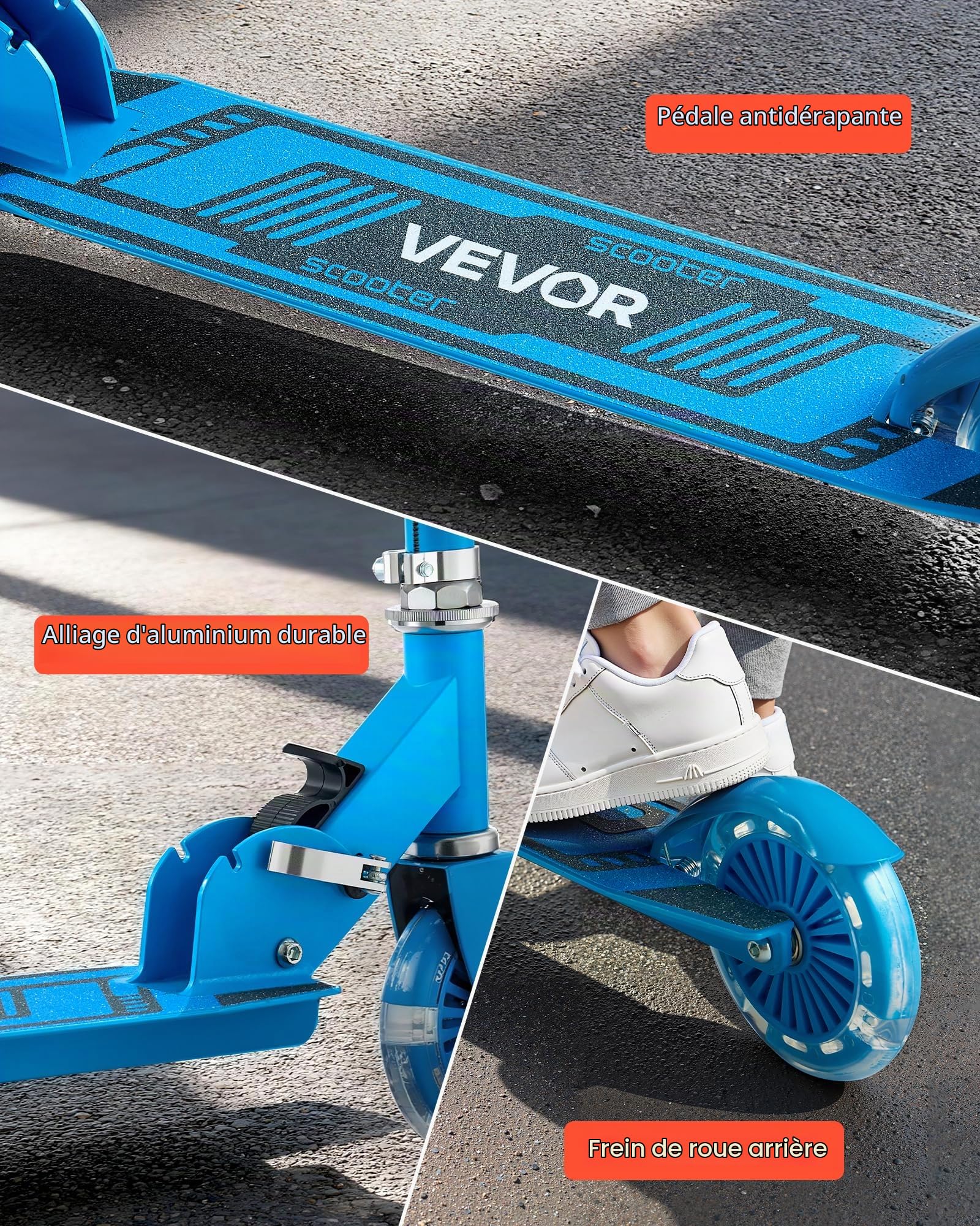 VEVOR Trottinette pour Enfants à partir de 3 Ans, patinette à 2 Roues Lumineuses, Guidon réglable en Hauteur, Large Plateau antidérapant, Cadre léger et Pliable pour garçons et Filles à 50 kg, Bleu