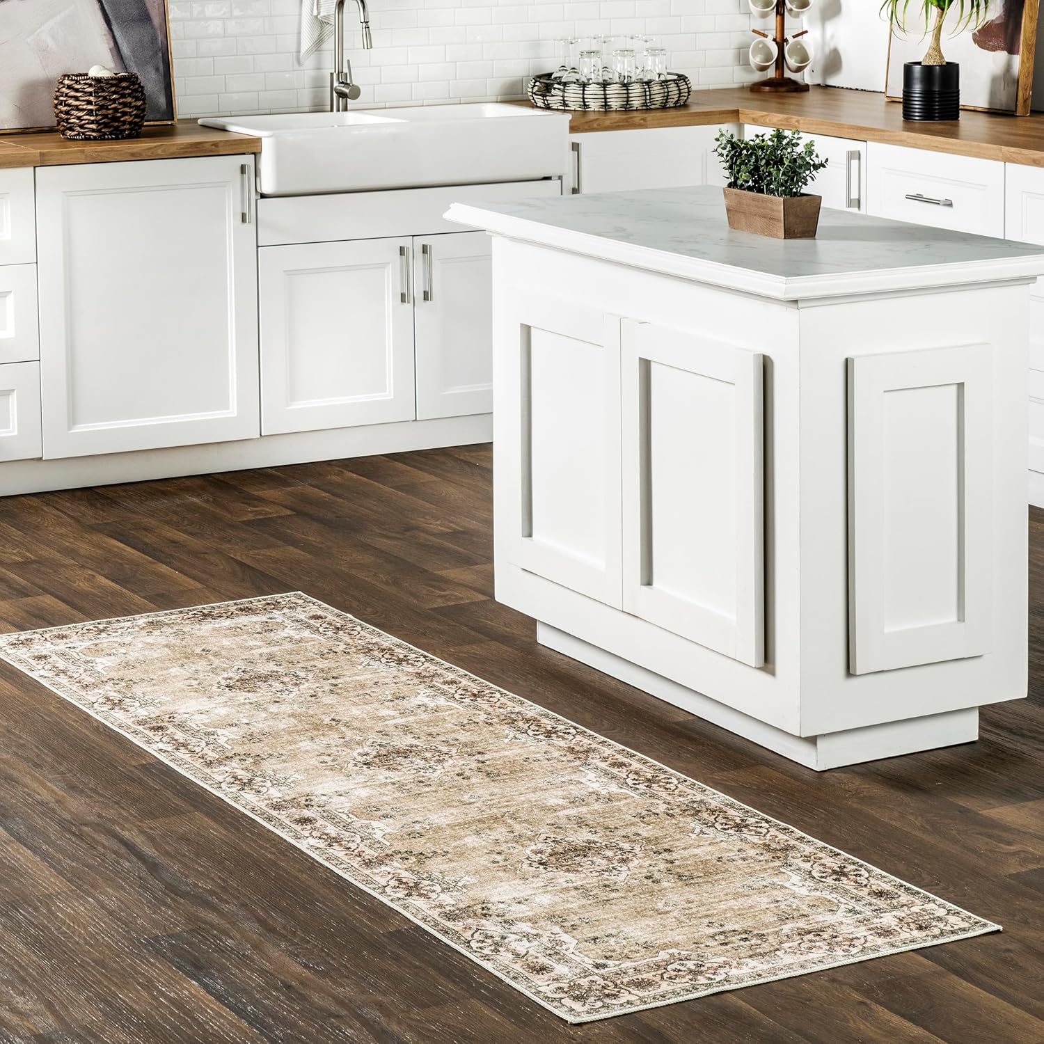 nuLOOM Paisley Machine Washable Faded Floral Border Medallion Ultra Thin Runner Rug, 2' 6" x 8', Beige