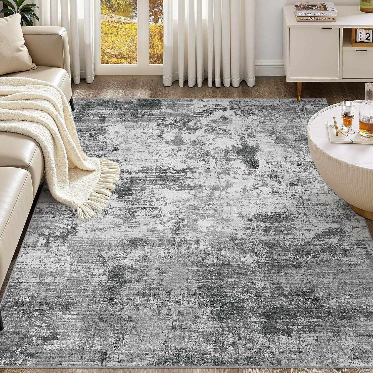  6x9 Area Rug for Living Room - Washable Neutral Modern Abstract Carpet, Non-Slip Soft Large Indoor Floor Rugs for Bedroom Home Office & Under Dining Table Decor, Grey Black