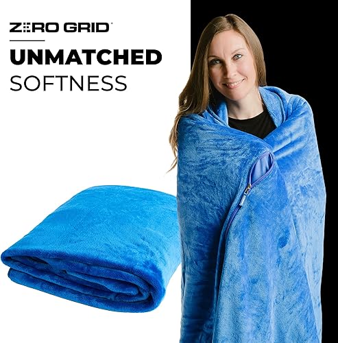 Miniatura 9 de Zero Grid Manta de viaje ligera y súper suave de alta calidad con broches para el cuello, cómodos bolsillos para los pies y bolsa con cremallera