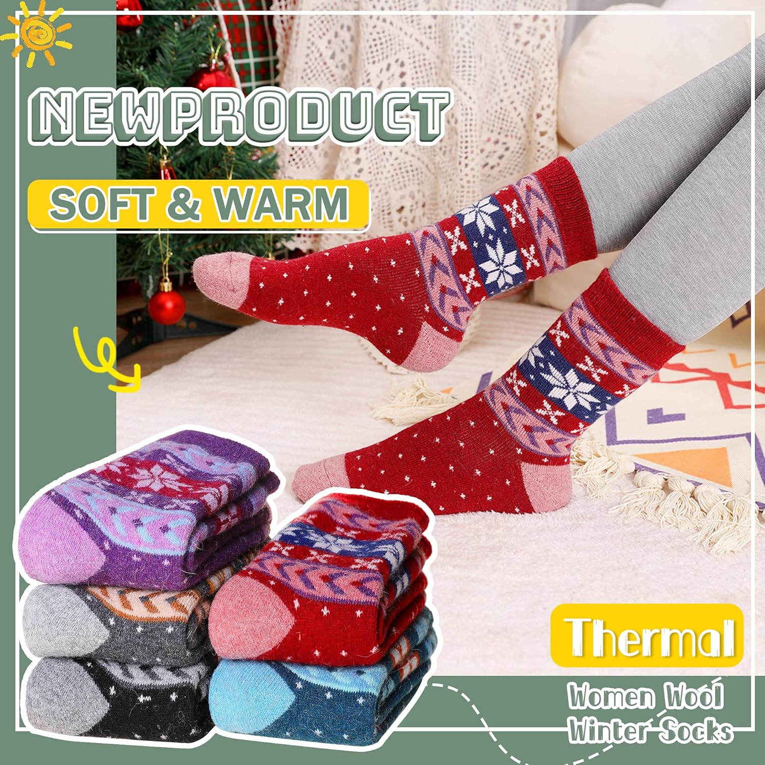 Velice Wool Socks for Women Merino Wool Boot Hiking Thick Thermal Warm Winter Crew Cushion Cozy Work Socks 5 Pairs - Image 2