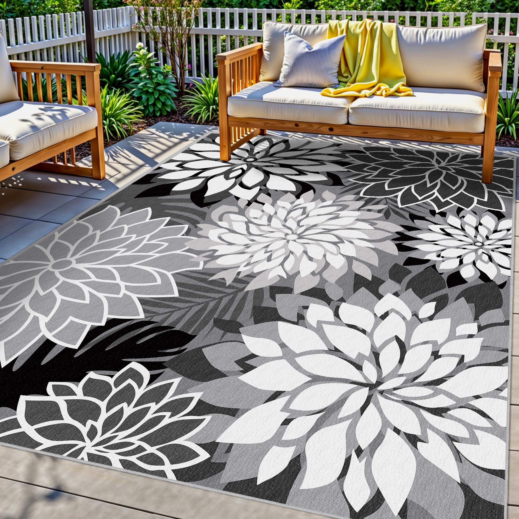 6x9 Outdoor Area Rug Washable Multicolored Patio Rug Tropical Botanical Floral Chenille Waterproof Outdoor Carpet Non-Slip for Patio, Deck, Backyard,