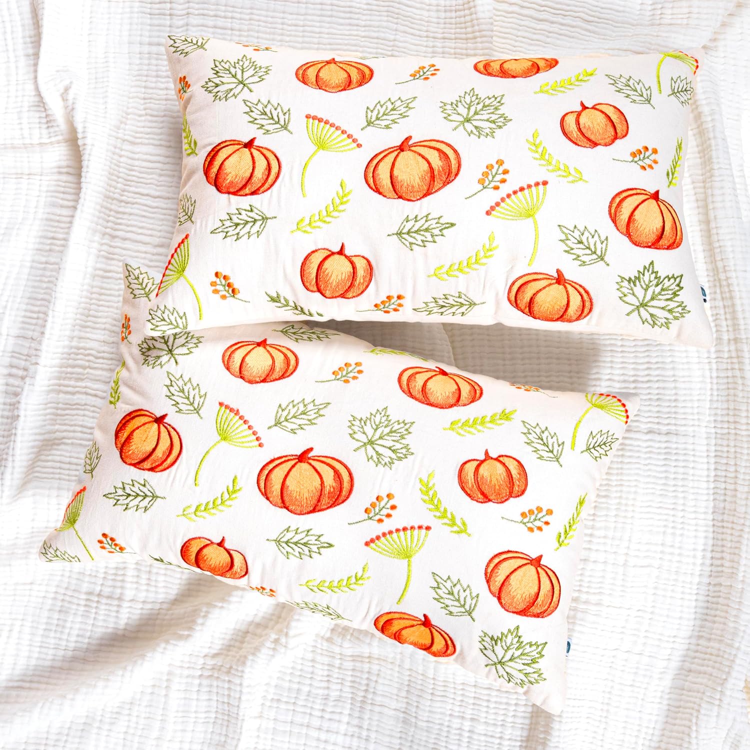 ZOMI Embroidered Fall Pumpkin Throw Pillow Covers Set of 2, 12x20 Inch Cotton Lumbar Cushion Covers, Autumn Harvest Pumpkin & Leaf Covers for Sofa, Couch, Bed, Thanksgiving Decor (Fall Bounty)