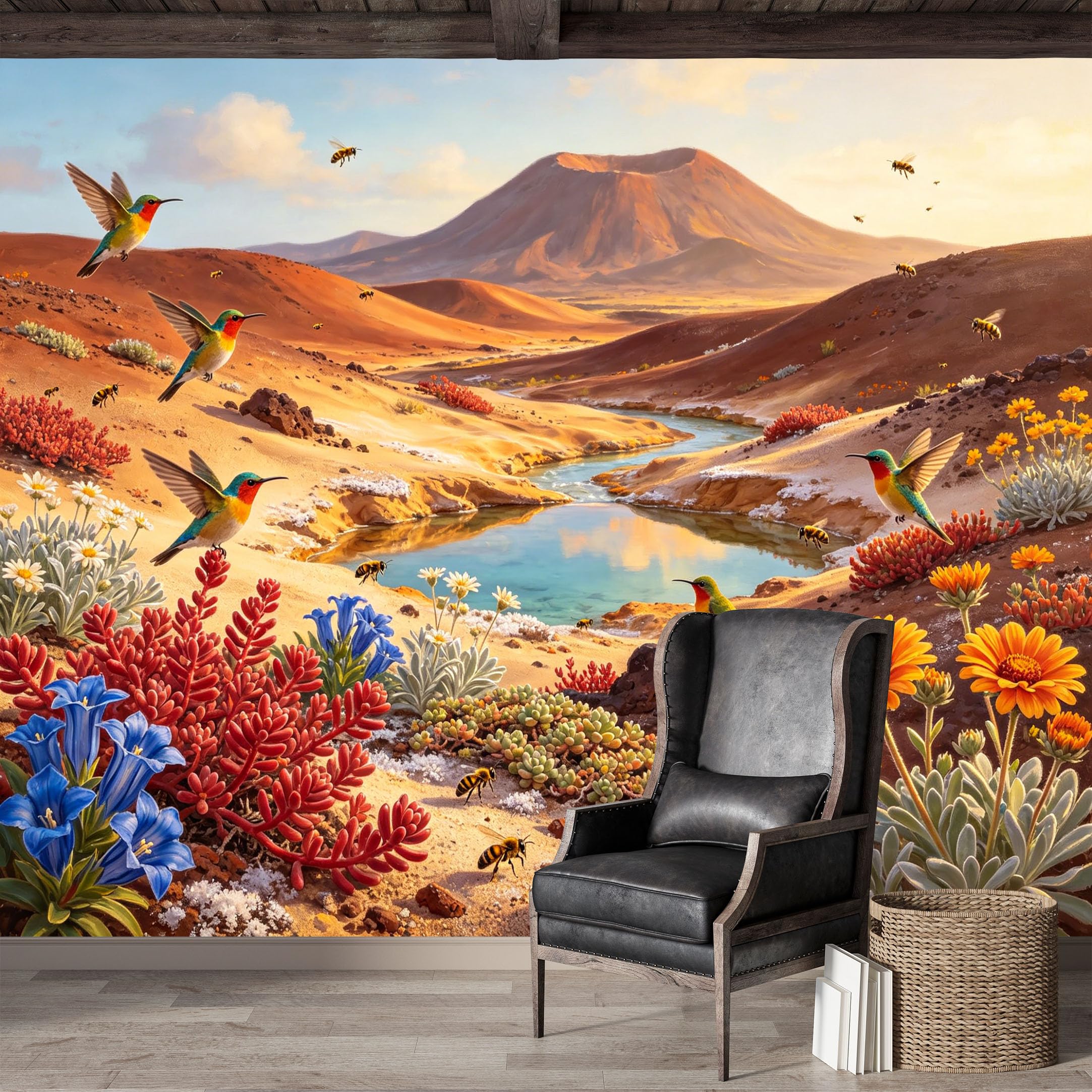 Custom Size Wall Mural,Desert Oasis Hummingbirds Bees Landscape Oil Painting Premium Water Activated SelfAdhesive Wallpaper,Removable Wall Covering for Indoor Home Decor