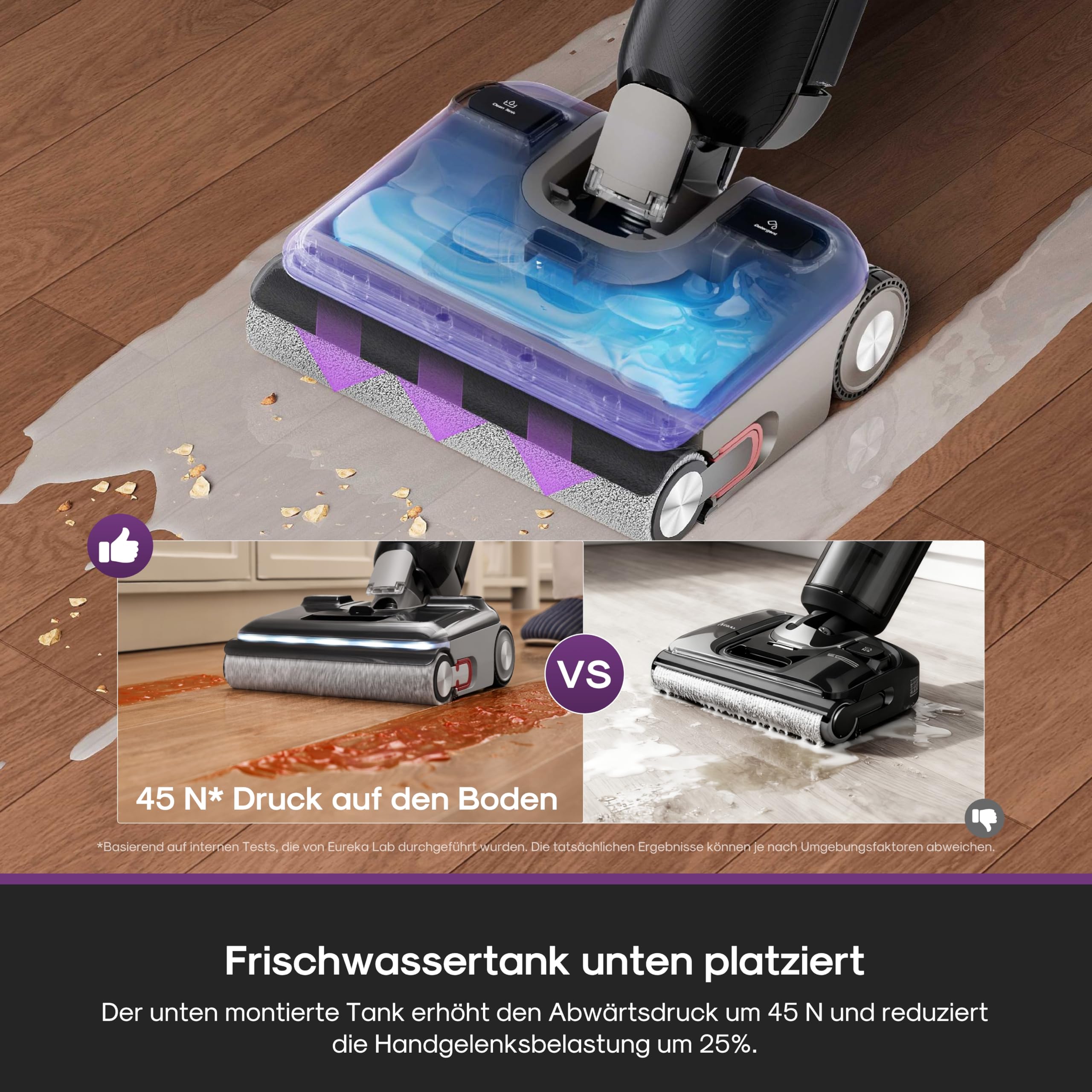 Eureka FloorShine 880 Nass Trockensauger Akku, 24 kPa Kabelloser Staubsauger mit Wischfunktion, 100°C Selbstreinigung, 5-Min-Trocknung, Anti-Tangle, 3-seitig Kantenreinigung, 180° Flach Saugwischer