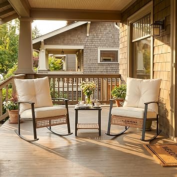3-Piece Outdoor Rattan Bistro Set with Glass Coffee Table, Beige