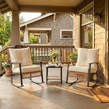 3 Piece Outdoor Rocking Chair Bistro Set, Rattan Garden Furniture Set with 2 Cushioned Rocking Chairs, Lumbar Pillows & Glass Coffee Table, Patio Conversation Set for Balcony, Garden