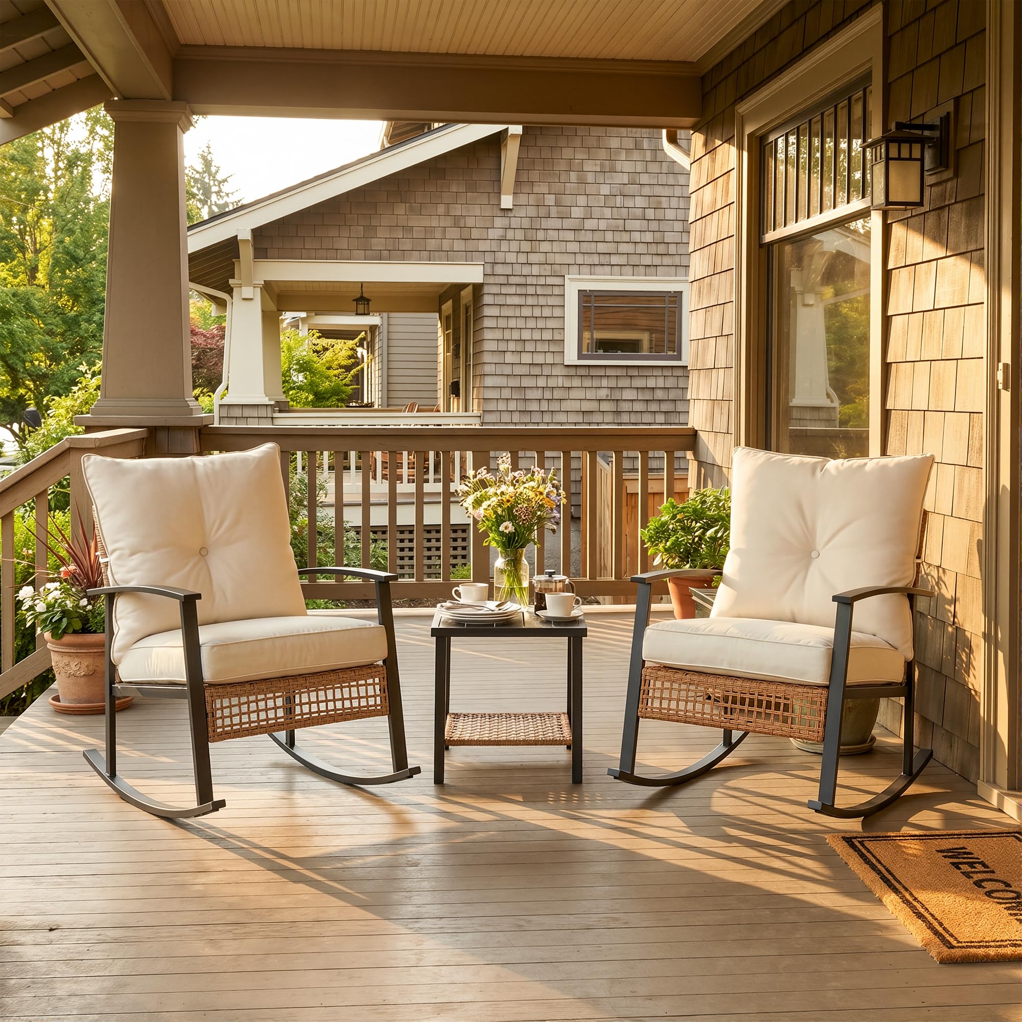 PREMTURE 3 Piece Outdoor Rocking Chair Bistro Set, Rattan Garden Furniture Set with 2 Cushioned Rocking Chairs, Lumbar Pillows & Glass Coffee Table, Patio Conversation Set for Balcony, Garden