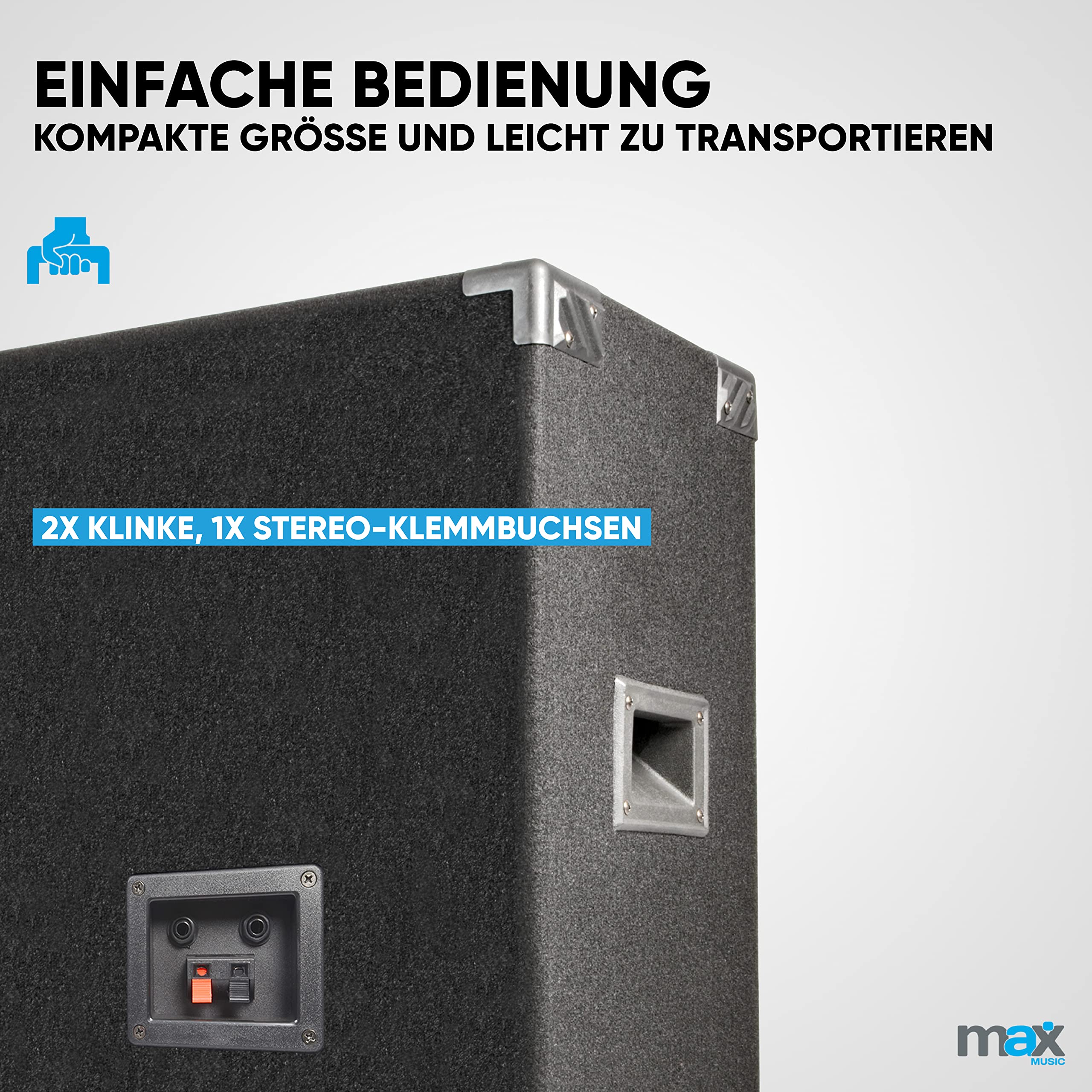 MAX MAX15 - Passiver Lautsprecher, 2er Set 1000 Watt mit je 15 Zoll Tieftöner, Partyboxen mit Griffe, Passive DJ Boxen Partylautsprecher, Disco Lautsprecherbox in Schwarz