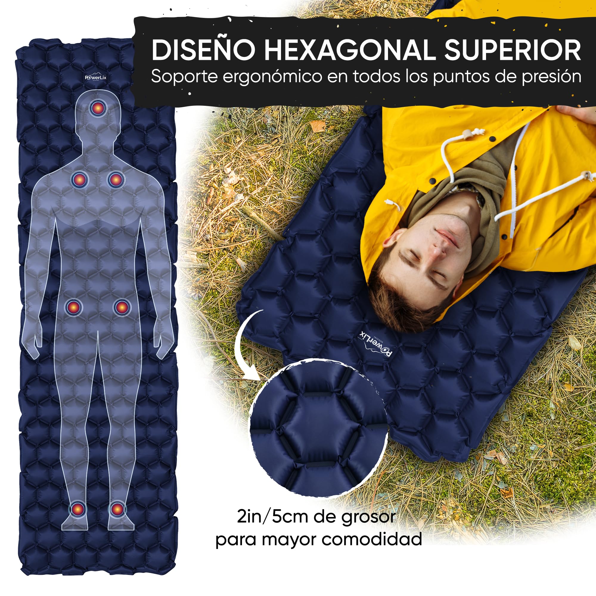 POWERLIX - Colchoneta Hinchable Ultraligera, Ideal para Camping, Mochila, Senderismo, Airpad, Bolsa Inflable, Bolsa de Transporte, Kit de reparación, colchón de Aire Compacto y Ligero