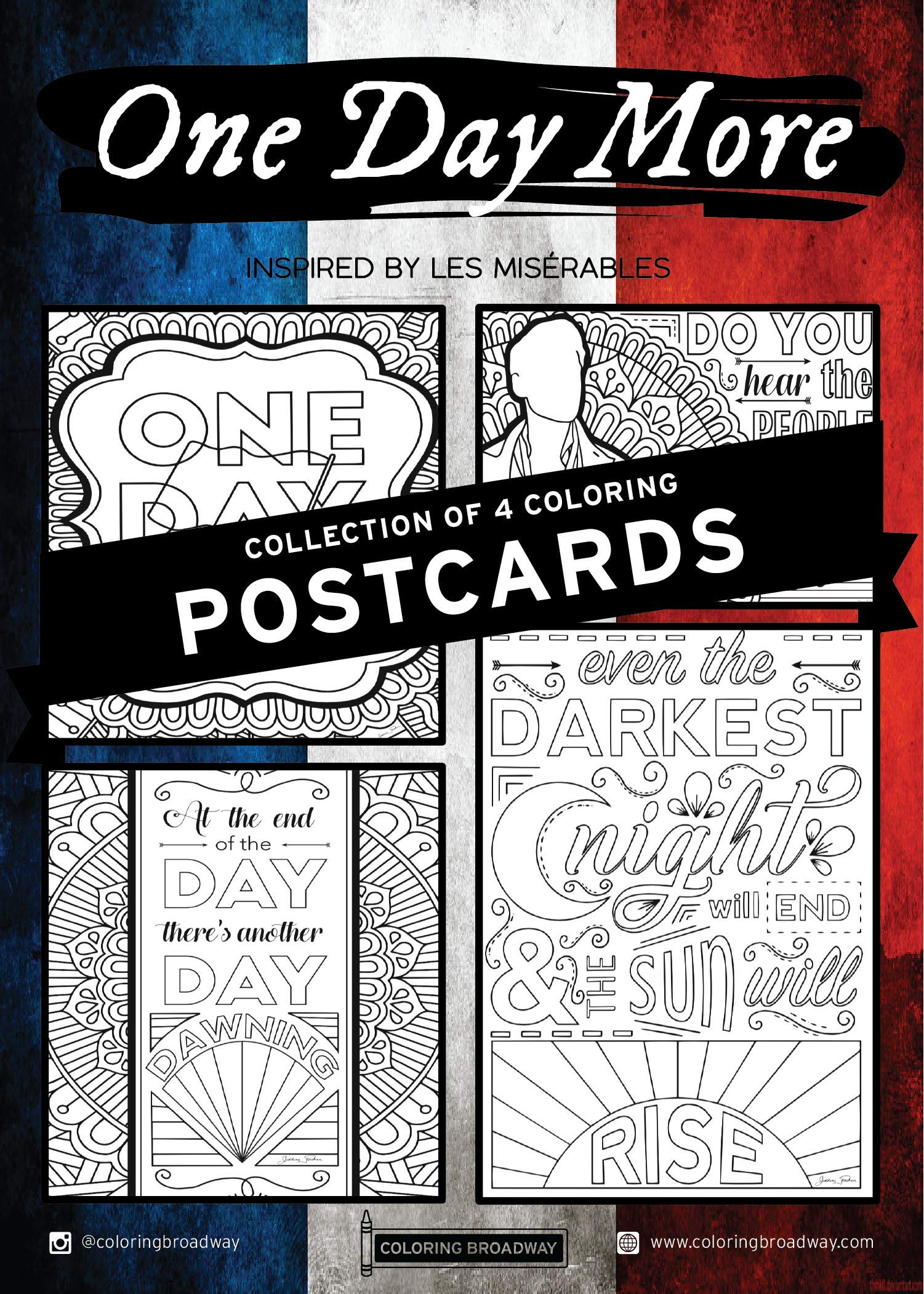 Coloring Broadway - Les Miserables inspired Coloring Postcards (Set of 4) “One Day More” Collection, Broadway Musical Merchandise, Matte Card Stock (5