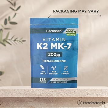 Vitamin K2 MK7 200ug | 365 High Strength Tablets | Menaquinone MK-7 | Suitable for Vegetarians and Vegans | by Horbaach