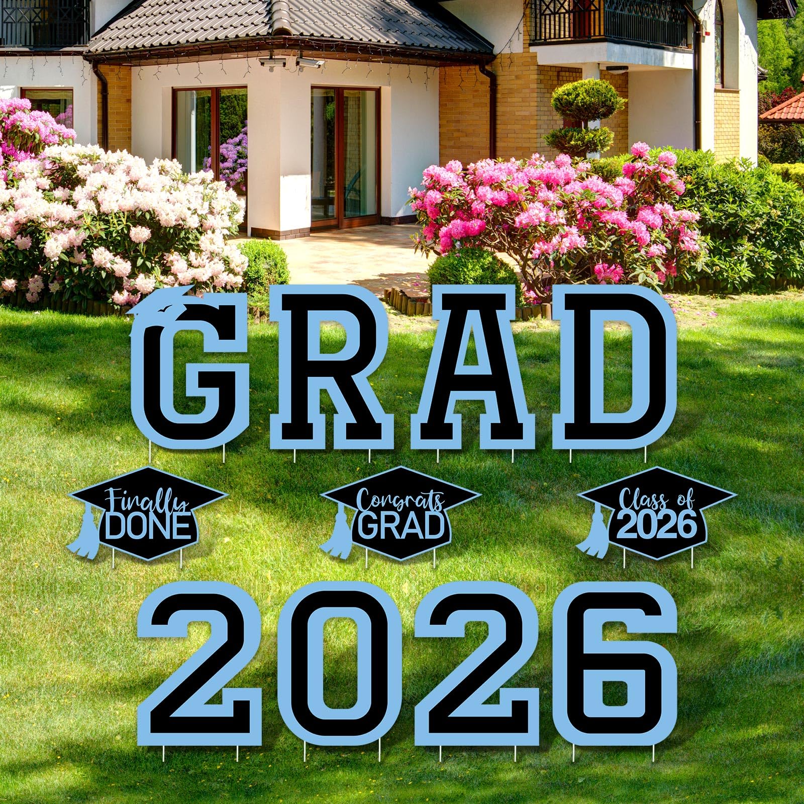 Photo 1 of Tatuo 11 Pcs Graduation Yard Sign Decorations Class of 2026 Congrats Graduation Lawn Signs Grad Yard with 23 Stakes for High School College Outdoor Party Supplies(Light Blue Black,Simple Style)