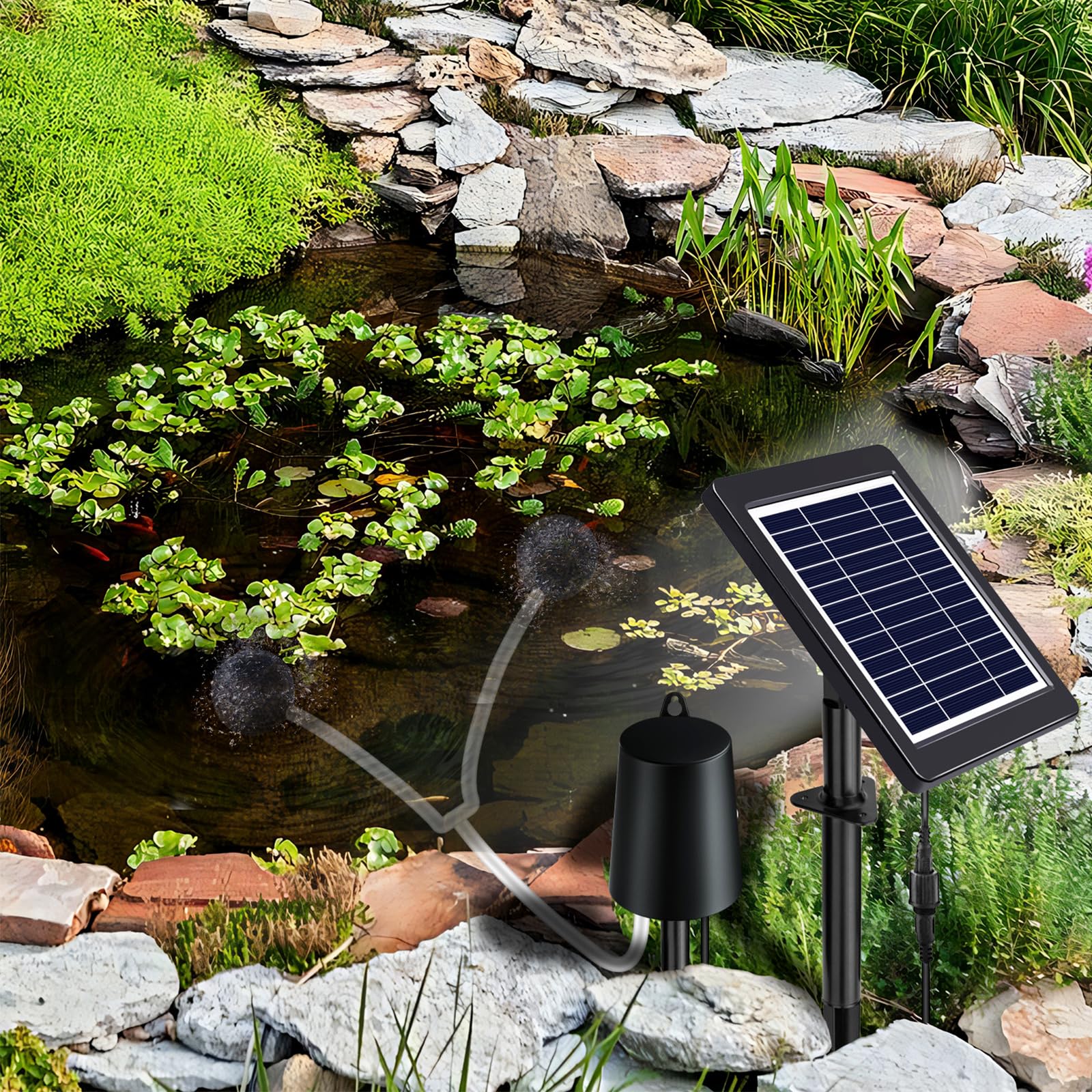 Solar Teichbelüfter mit Luftpumpe, Belüfter für Teiche im Freien, 3 Modi, 4W & 2200 mAh Solar Oxygenator Luftpumpen-Set mit Blasenregler für Garten-Fischbecken, Außenpool, Schwarz
