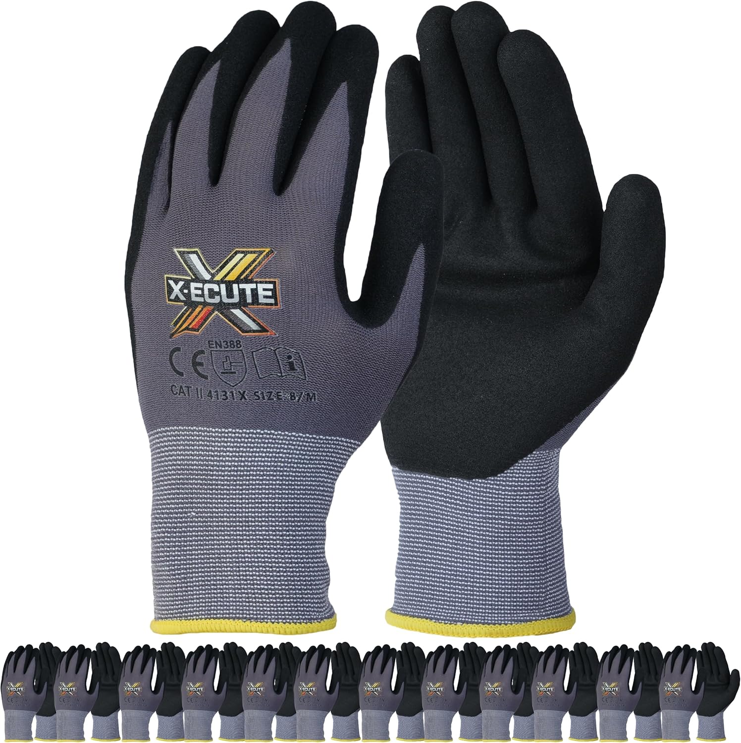 X-ECUTE GripFlex Pro 12 Pack, Micro Foam Nitril Coated Breathable Safety Work Gloves