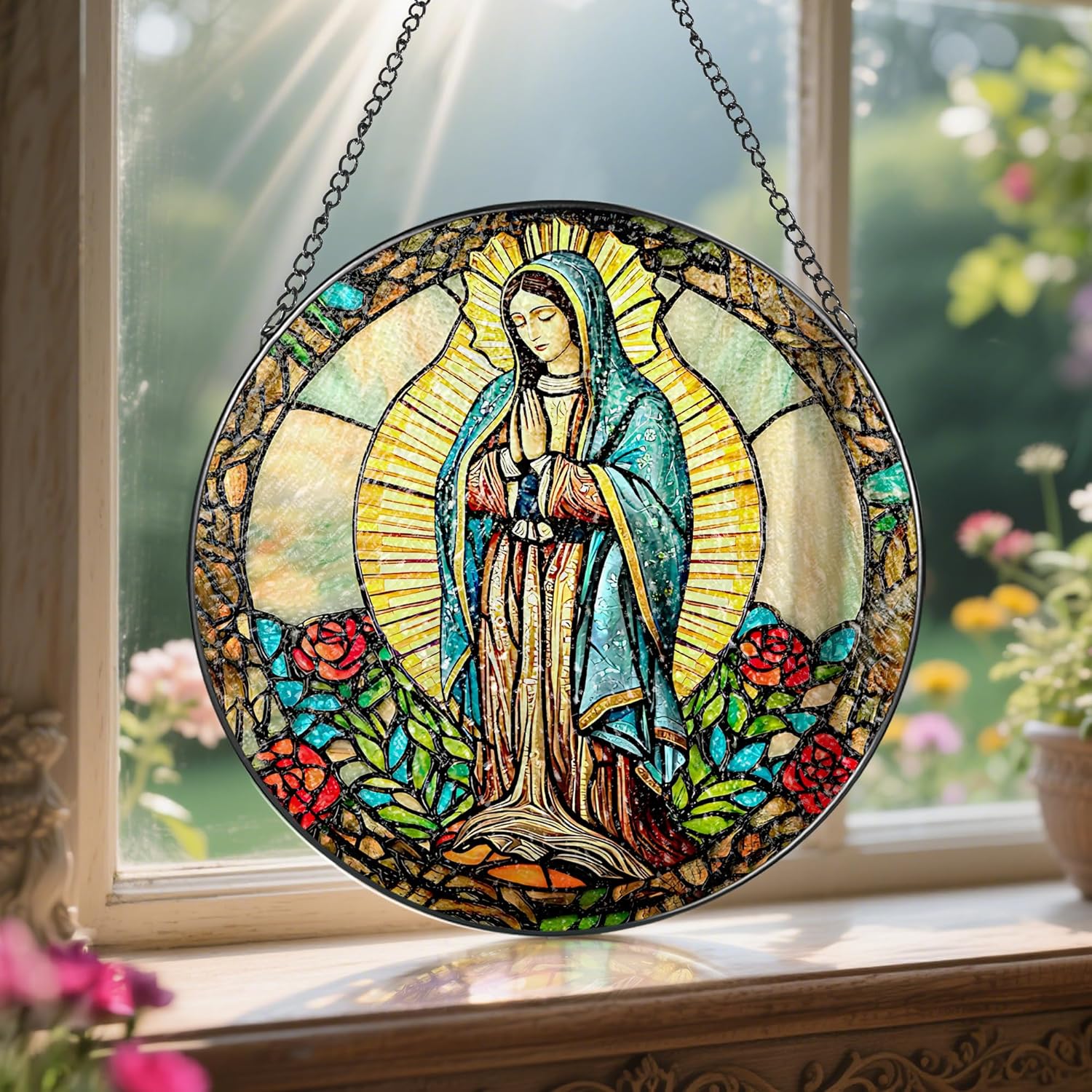 8 Inch Our Lady of Guadalupe Stained Glass Suncatcher, Stained Glass Window Hanging, Mexican Mom Window Hanging, Latin Mom Gift, Gifts for Mother's Day, Religious Gift, Gifts for Christian - Image 5