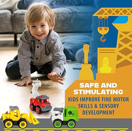 Miniatura 5 de Power Gearz - Juguete desmontable con destornillador y tornillos, paquete de 3 camiones para niños y niñas, camión de bomberos, camiones de basura