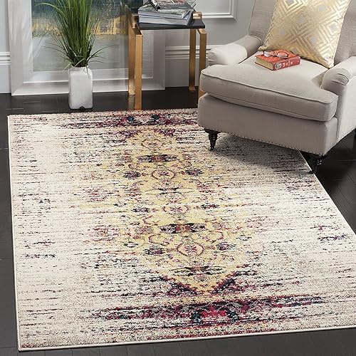 SAFAVIEH Monaco Collection 5'1" x 7'7" Ivory / Pink MNC209R Modern Boho Abstract Distressed Non-Shedding Living Room Bedroom Area Rug