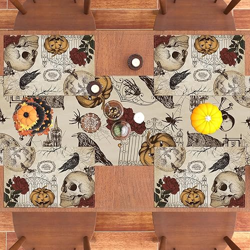 Miniatura 6 de Manteles individuales retro de Halloween, diseño de calavera gótica, Día de los Muertos, decoración y suministros de Halloween para la mesa de la