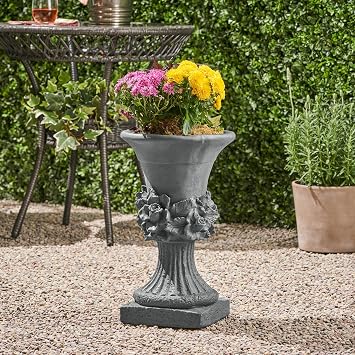 Christopher Knight Home Jorine Light Concrete Planter, Patio Planter, Mid-Centry Gadern Urn, Large Garden Pot, Floral Relif Design, Flower Urn with Drainage Hole for Backyard Home, Antique Gray