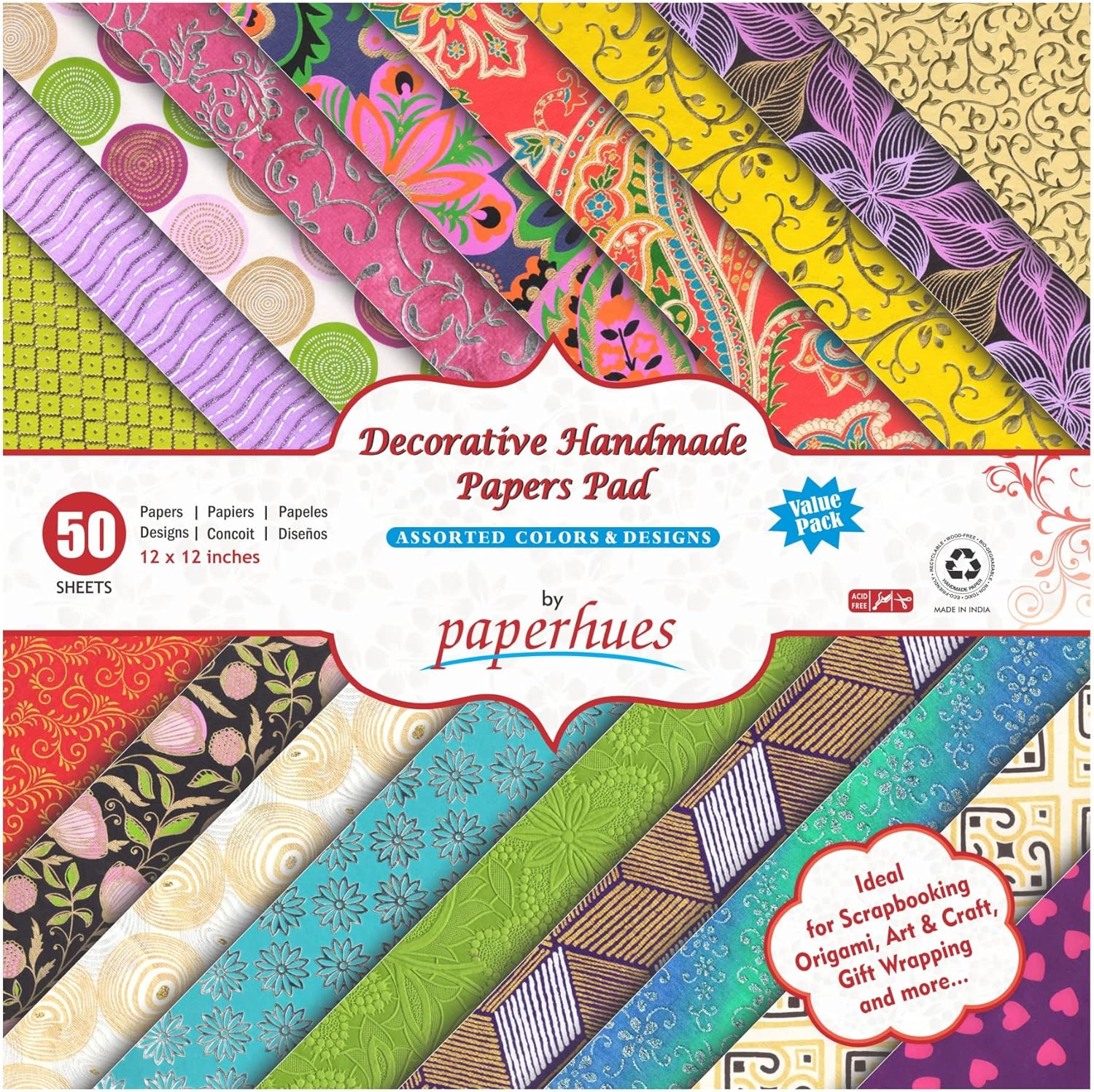 Paperhues Decorative Scrapbook Papers 12x12" Pad, 50 Sheets. Assorted Colors