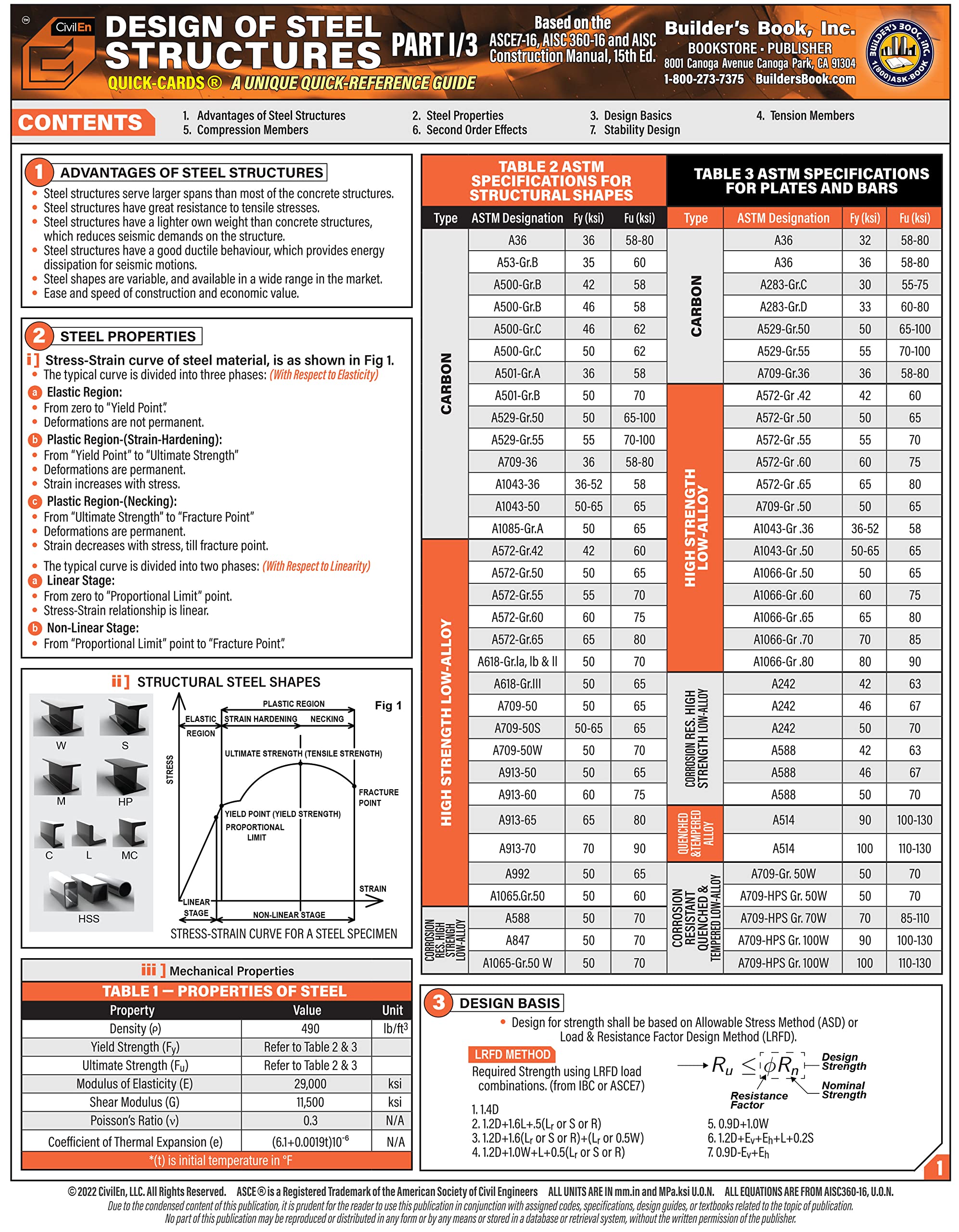 Buy Design of Steel Structures 1/3 Quick-Card based on ASCE7-16, AISC