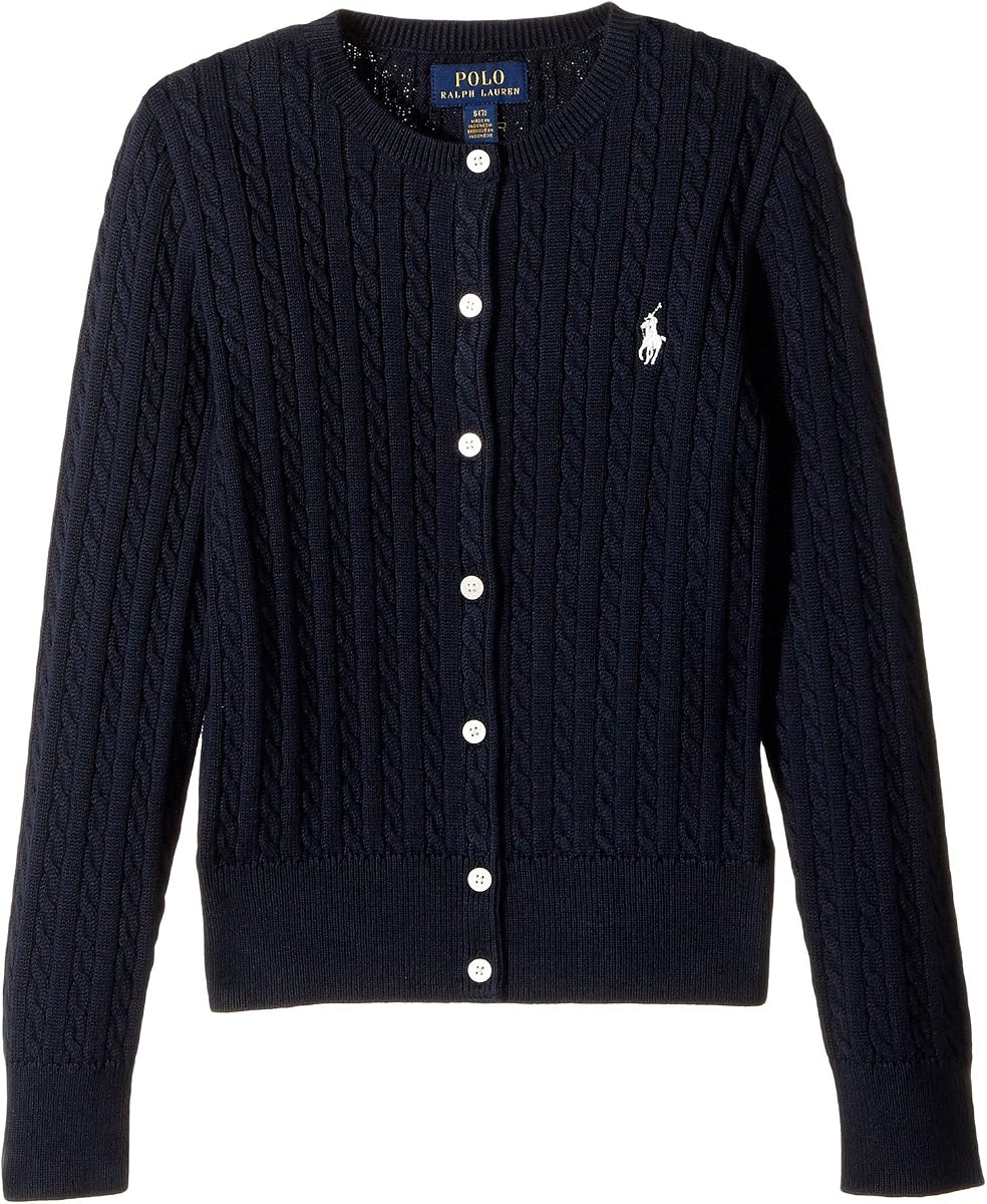 Cárdigan de algodón tejido de ochos para niña (niños pequeños/niños grandes) Hunter Navy/French Pink Pony Player LG (niños grandes de 12 a 14 años)