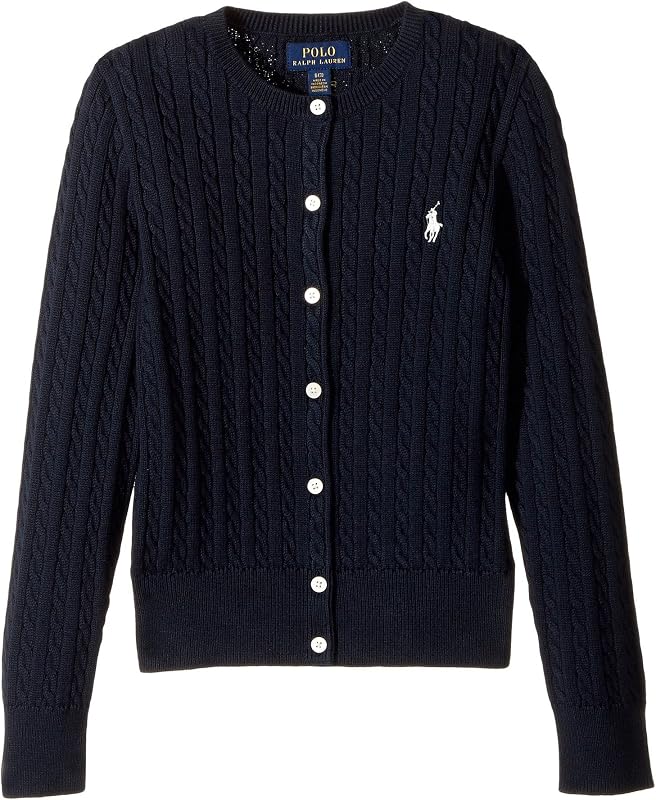 Cárdigan de algodón tejido de ochos para niña (niños pequeños/niños grandes) Hunter Navy/French Pink Pony Player LG (niños grandes de 12 a 14 años)