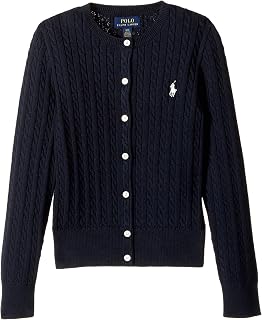 Cárdigan de algodón tejido de ochos para niña (niños pequeños/niños grandes) Hunter Navy/French Pink Pony Player LG (niños grandes de 12 a 14 años)