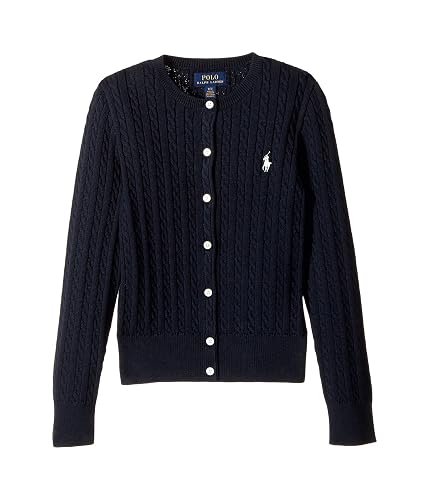Polo Ralph Lauren Kids Girl's Cable Knit Cotton Cardigan (Little Kids/Big Kids) Hunter Navy/French Pink Pony Player XL (16 Big Kids)