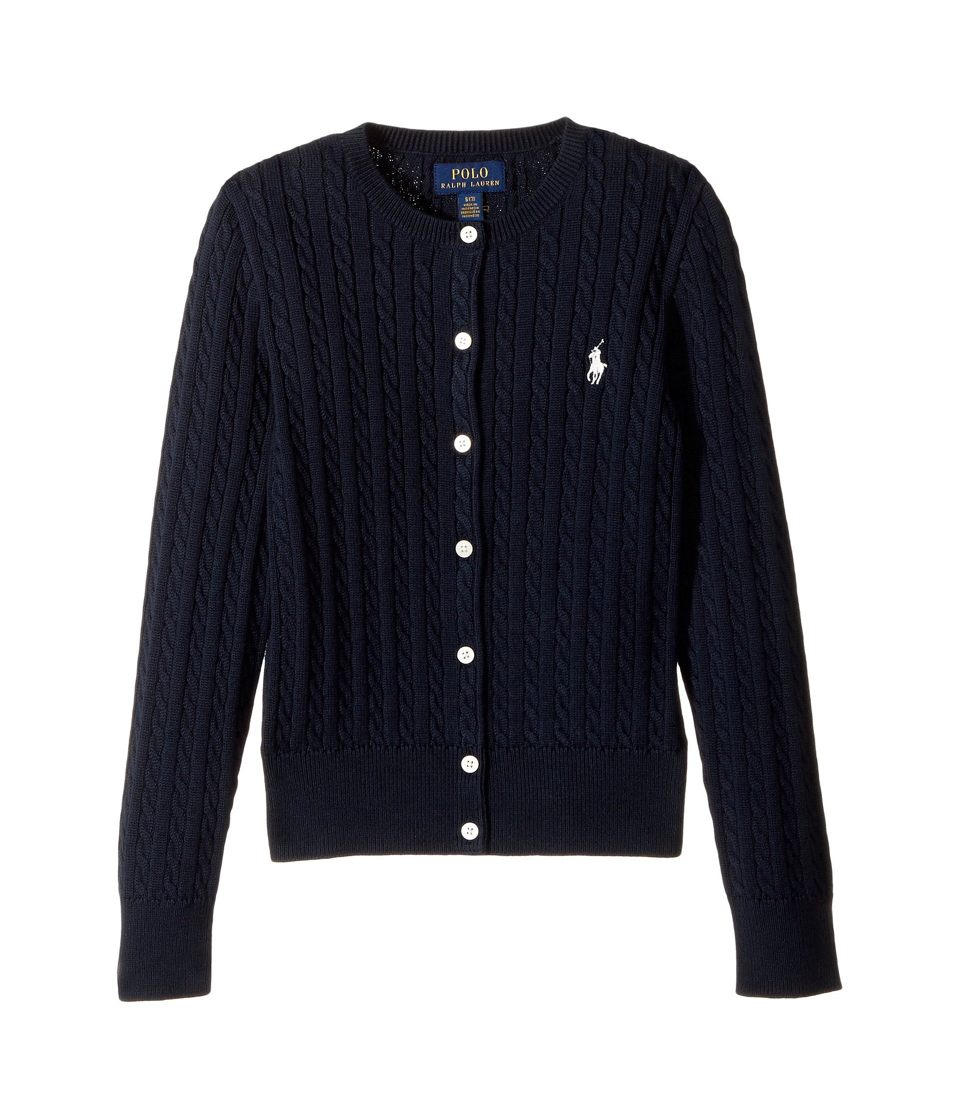 Kids Girl's Cable Knit Cotton Cardigan (Little Kids/Big Kids) Hunter Navy/French Pink Pony Player LG (12-14 Big Kids)