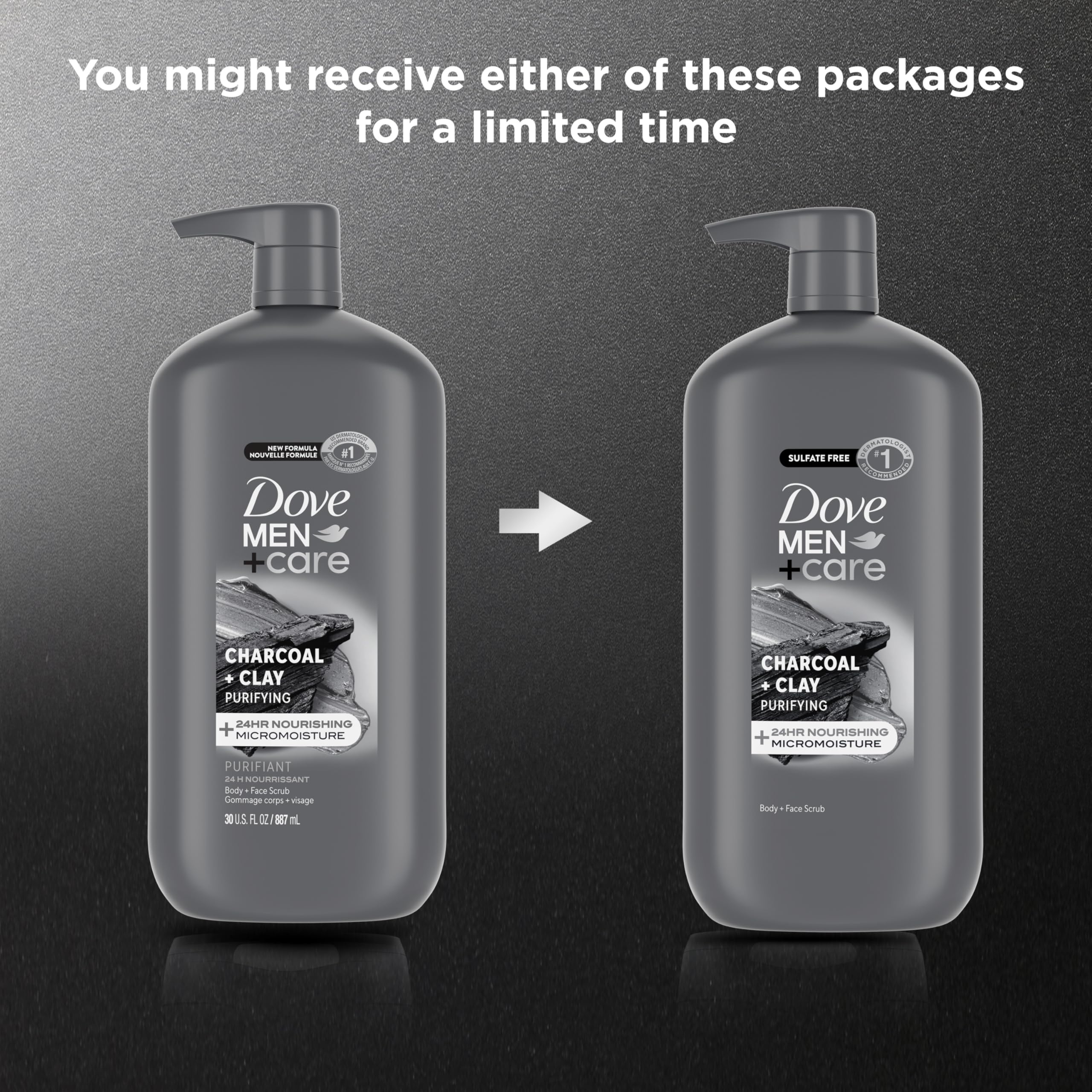 DOVE MEN + CARE Body and Face Scrub Charcoal + Clay Body Wash for Men with 24-Hour Nourishing Micromoisture Technology 30 oz