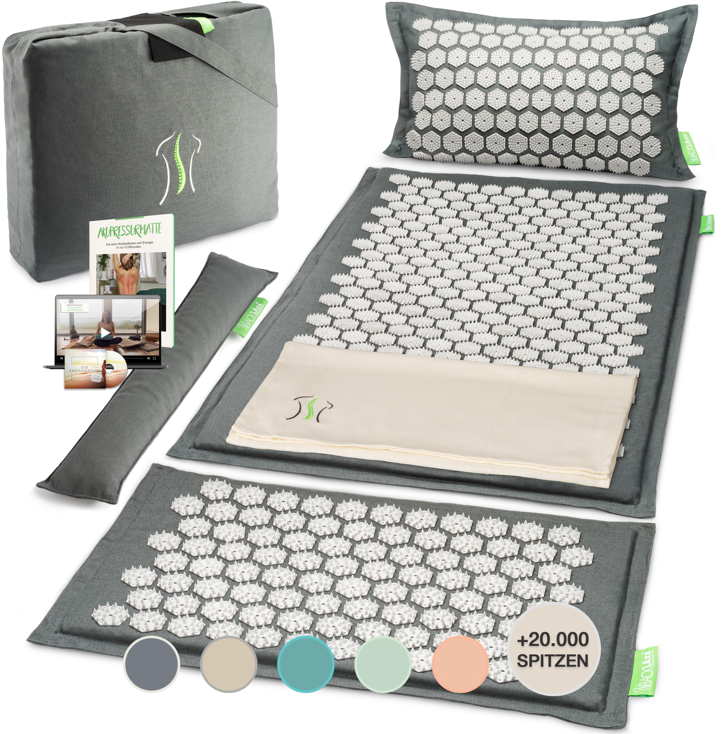 BACKLAXX Akupressurmatte Set mit Kissen, Tuch & Tasche | XL Akupressur-Matte - 120% mehr Fläche | Akupunktur-Matte mit Stacheln zur Massage | Akkupressmatte für Nacken & Schulter | Massagematte Rücken